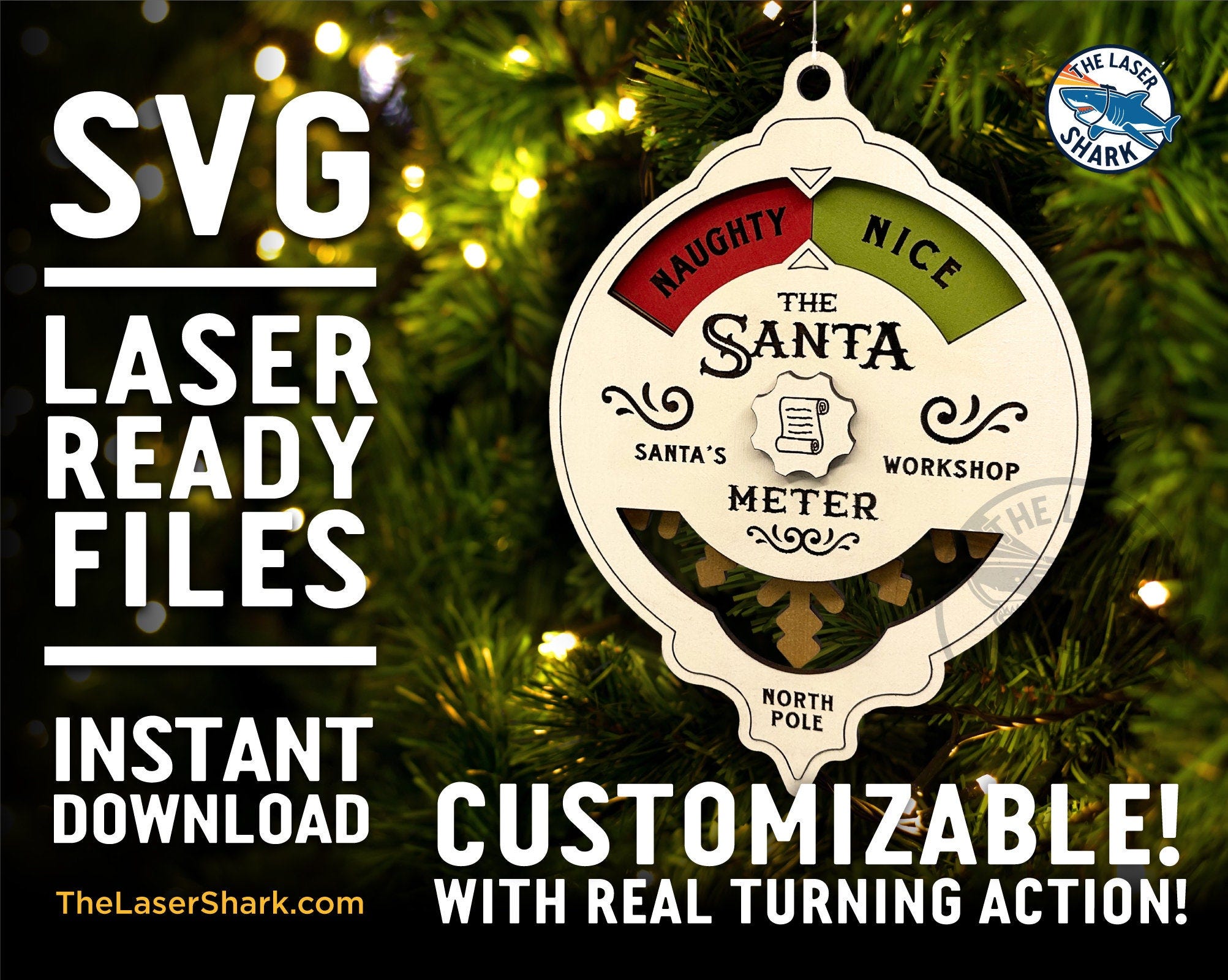 NEW Santa Meter Ornament Customizable SVG -  Laser cut files for Glowforge Laser - Christmas Holidays Santa Naughty Nice List Ho Spin Gauge
