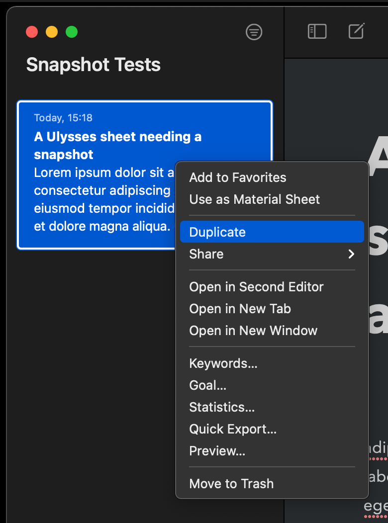 Duplicating a sheet in Ulysses on macOS