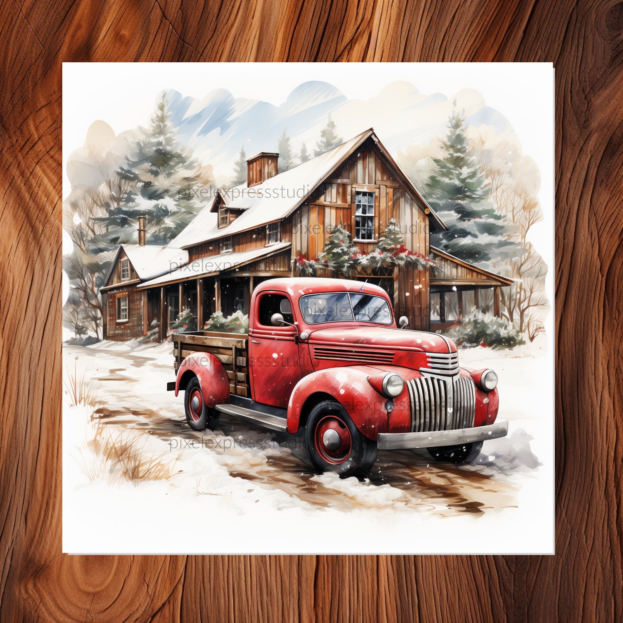 Red truck Christmas tree round png sublimation digital design download wreath sign wind spinner cutting board image