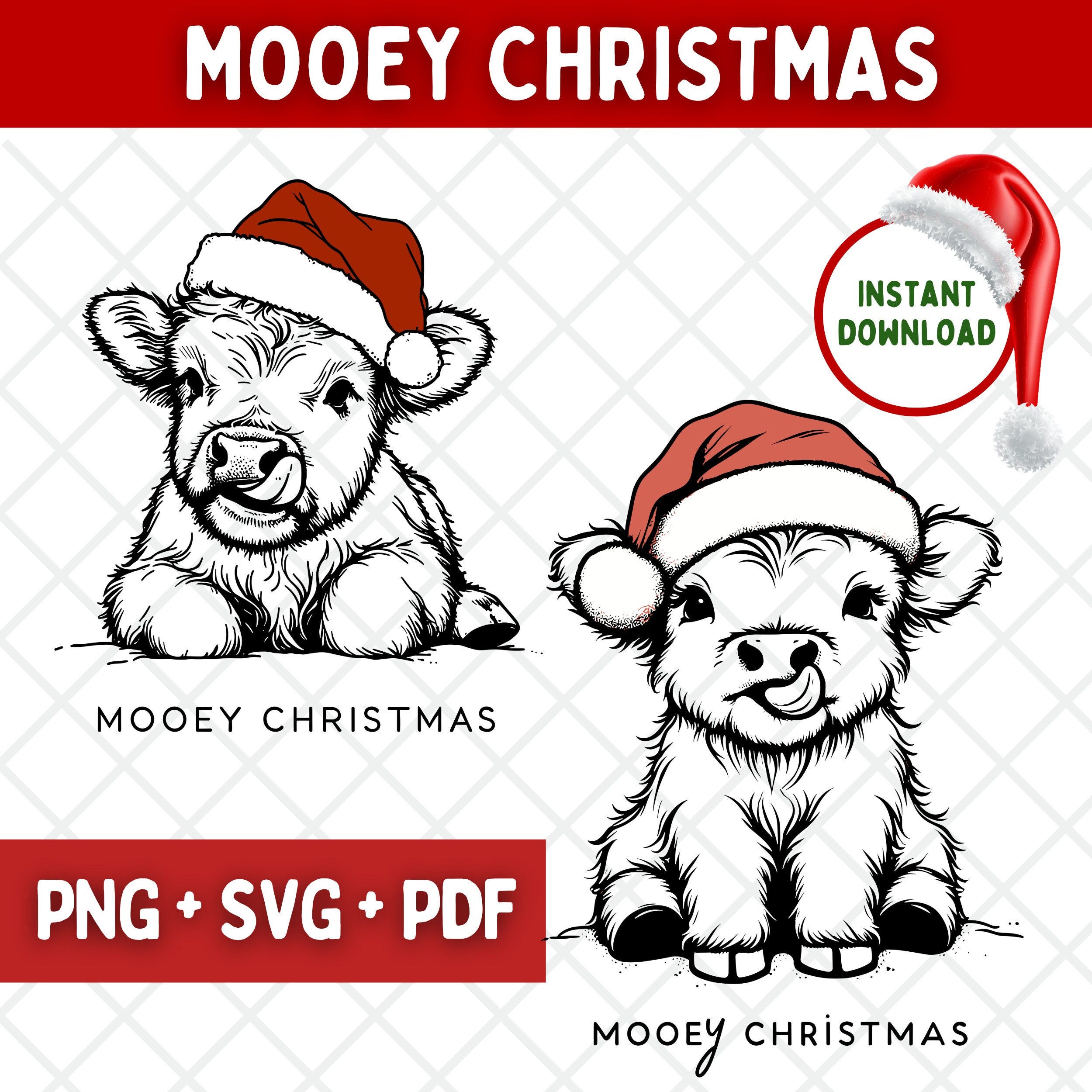 2 Mooey Christmas Cow SVG, PNG, PDF - 2 Festive Cow Designs, Santa Hat, Farmhouse Decor, Merry Xmas Quotes, Christmas Highland Cow Svg
