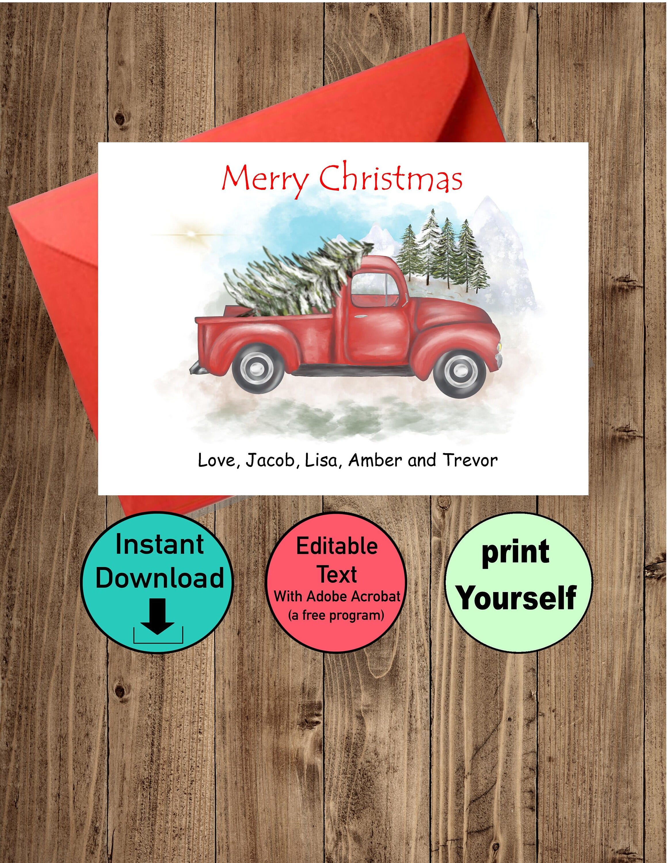 Merry Christmas vintage red truck card with Christmas tree, do it yourself - Instant download - you edit & print, digital Pdf file #cd20011