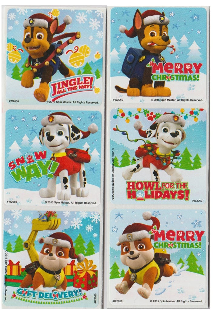 25 (Licensed) Paw Patrol Christmas Stickers, 2.5" x 2.5", Party Favors