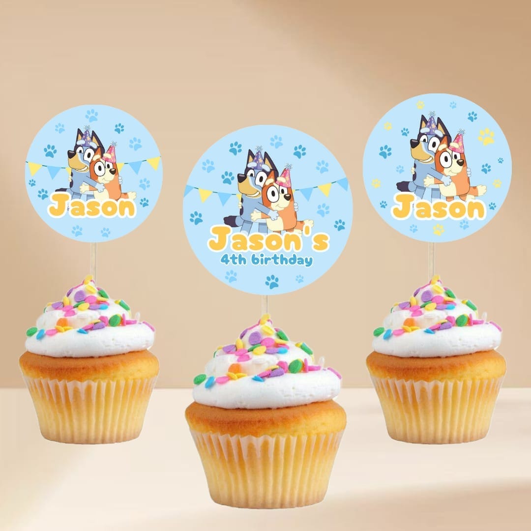 Editable Bluey Cupcake Toppers for Boy Blue Dog Theme Boys Birthday Party Supplies Cupcake Toppers bluey  invitation boy party BB01
