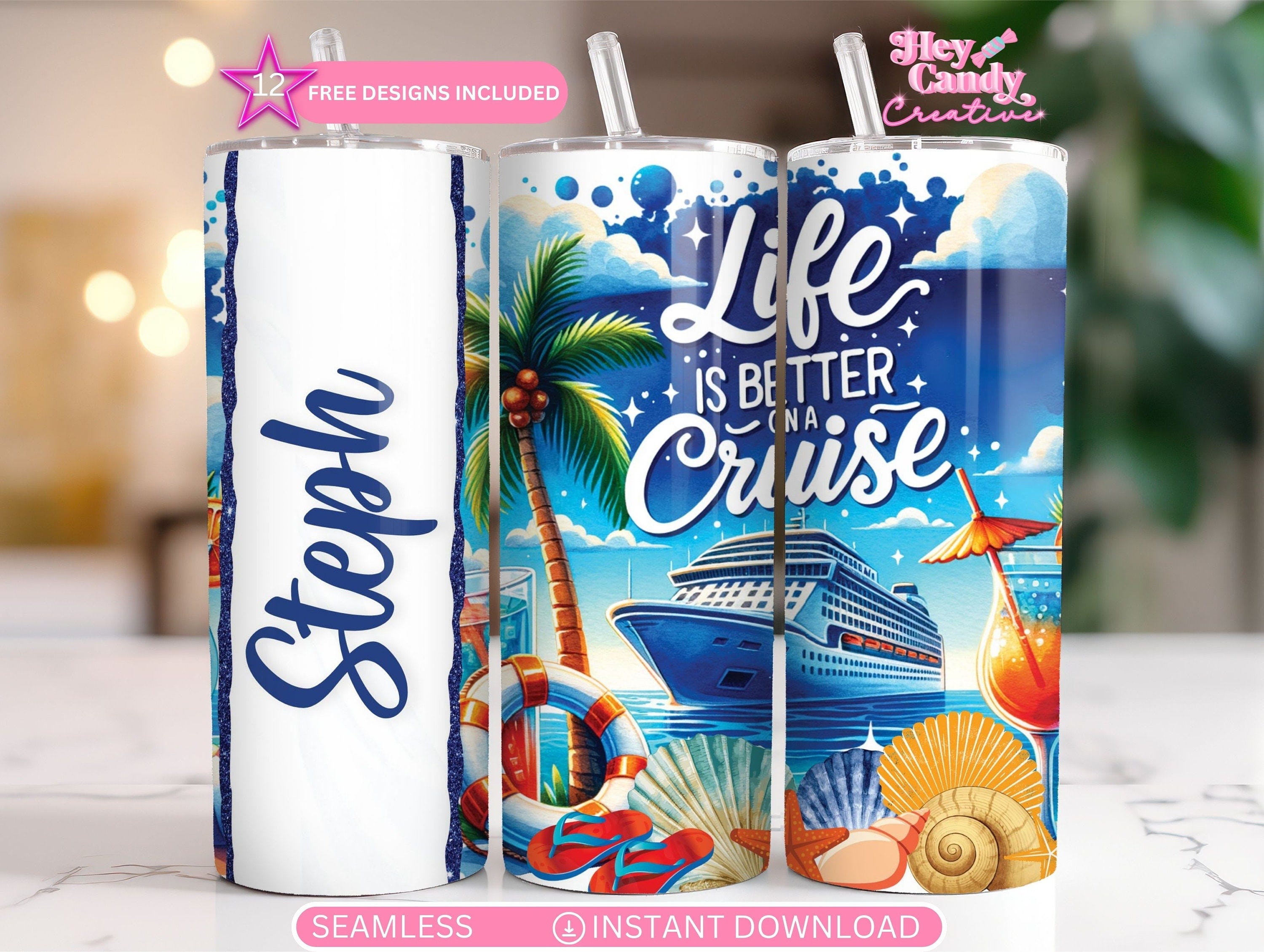 Cruise Tumbler Wrap - Add your own name Seamless 20oz skinny sublimation design - PNG instant digital download - Cruise Vacation Tumbler