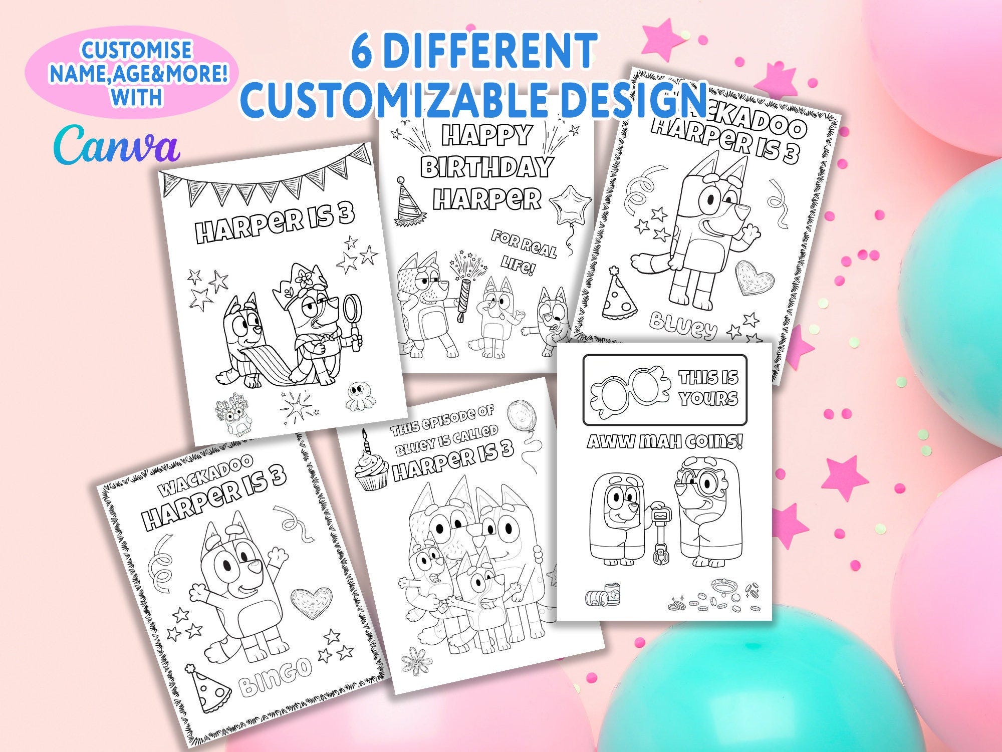 6 Personalized Blue Coloring Sheet Pack, Bluey Kids Birthday Party Bundle Coloring Pages, Birthday Activity Sheet Customizable Canva