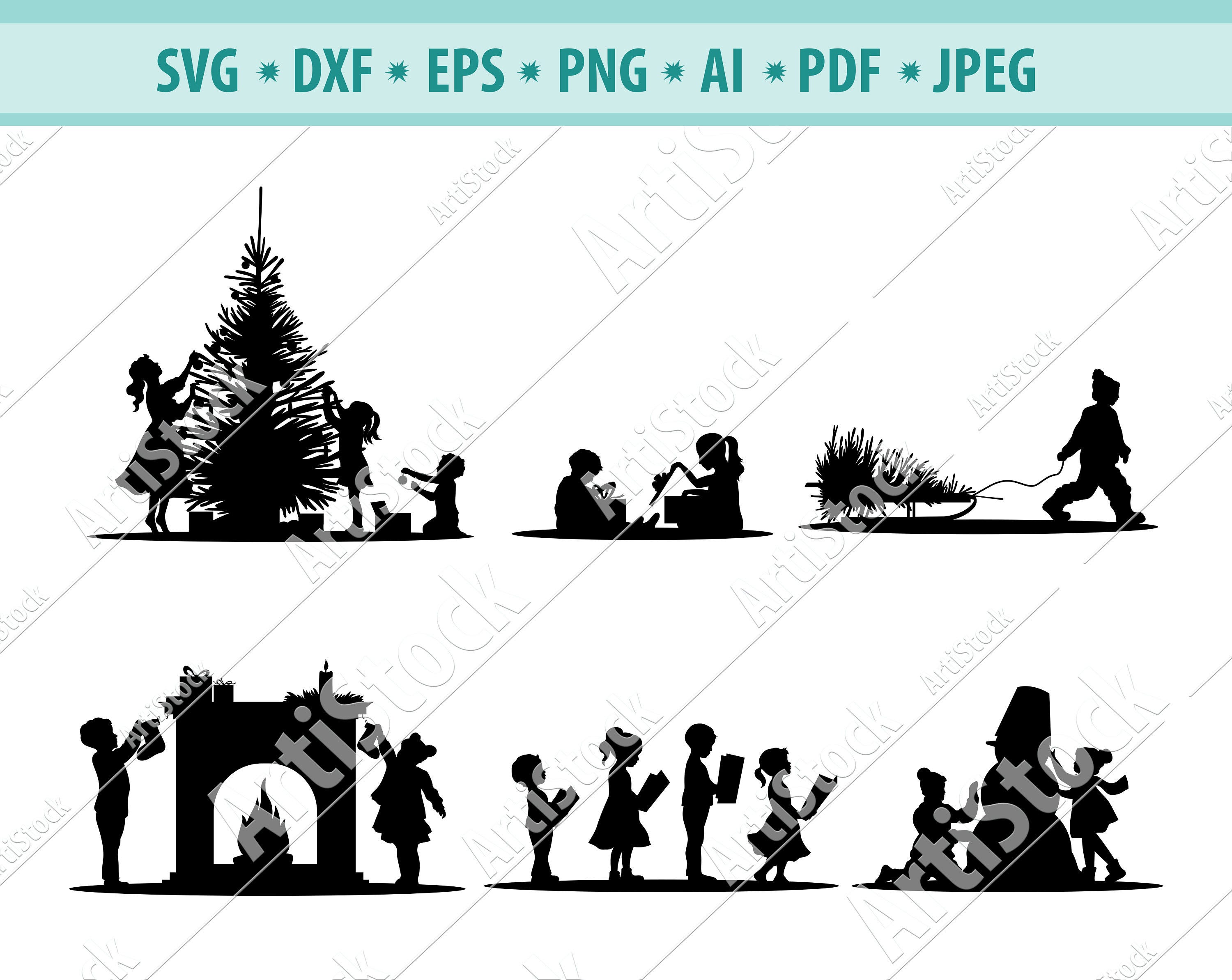 Christmas scene Svg, Christmas Svg, Cute cartoon children Svg, Holiday children Svg, Christmas tree dressing Svg, Eps, Dxf, Png