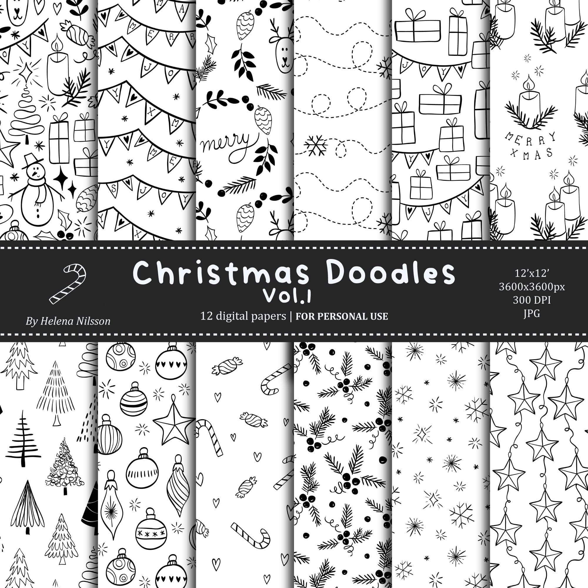Christmas Doodles digital paper pack Vol.1 - 12 printable papers for personal use - black and white winter patterns