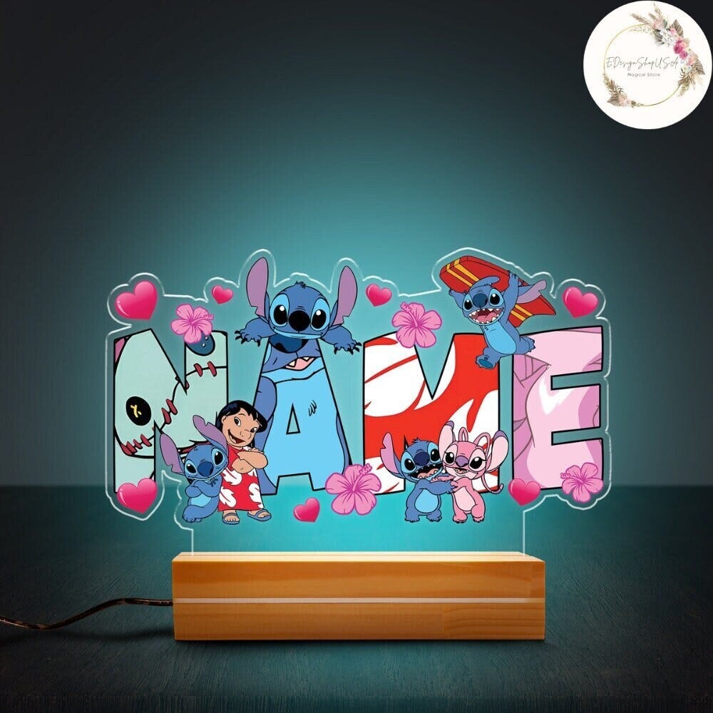 Custom Name Disney Lilo & Stitch Night Light, Disney Stitch Birthday Boy Gift, Ohana Means Family Room Decor, Stitch Angel Couple Gifts Lamp