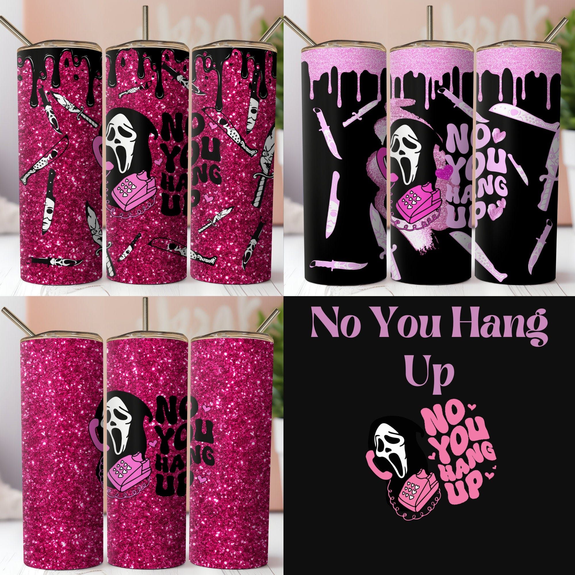 Ghost Face No You Hang Up With Iconic Horror Movie Character Knives Sublimation Tumbler Wrap. 3 Seamless Digital Files.  Glitter drip
