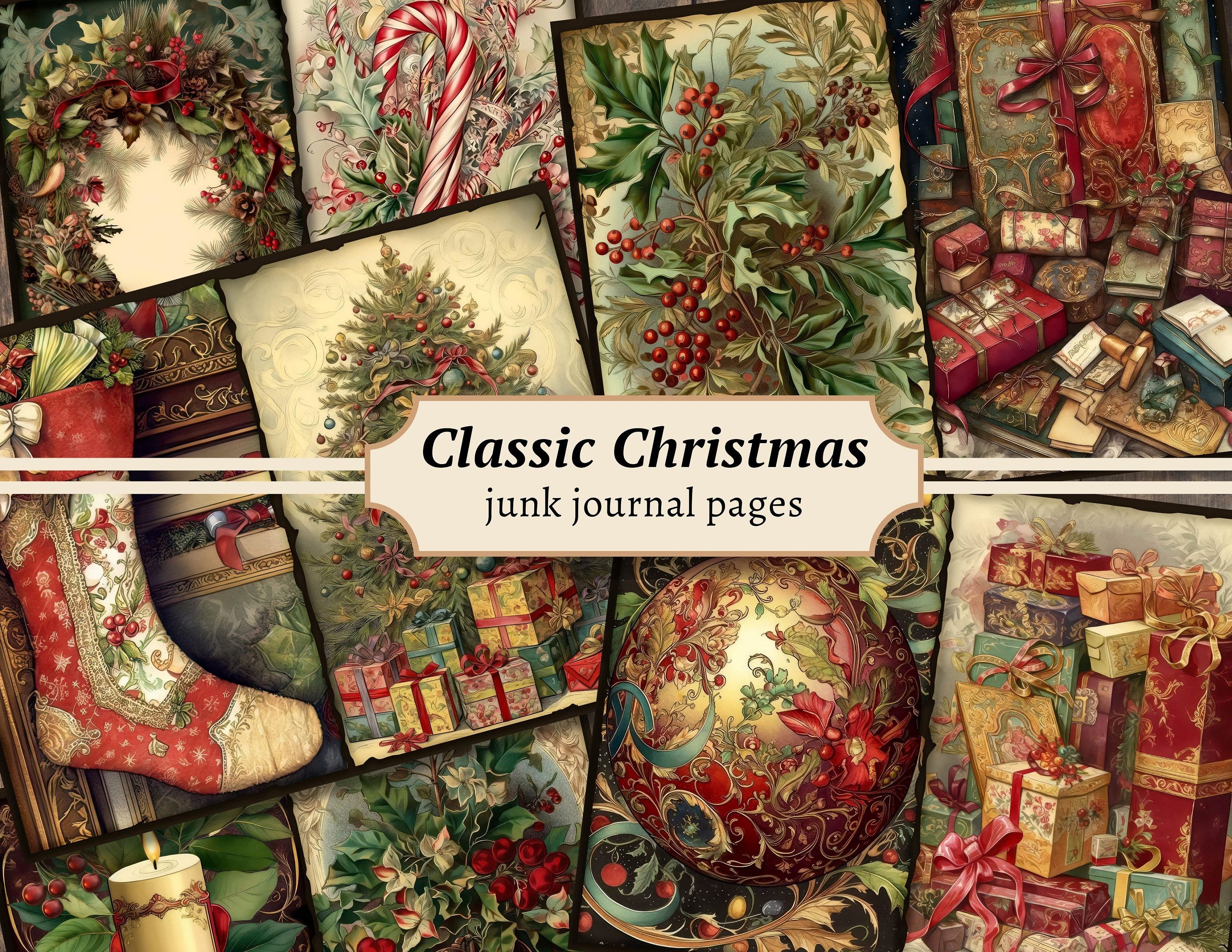Classic Christmas Junk Journal Pages, Digital Scrapbook Paper Kit, Winter Holiday Collage Sheet, Vintage Ephemera, Festive Printable Prints