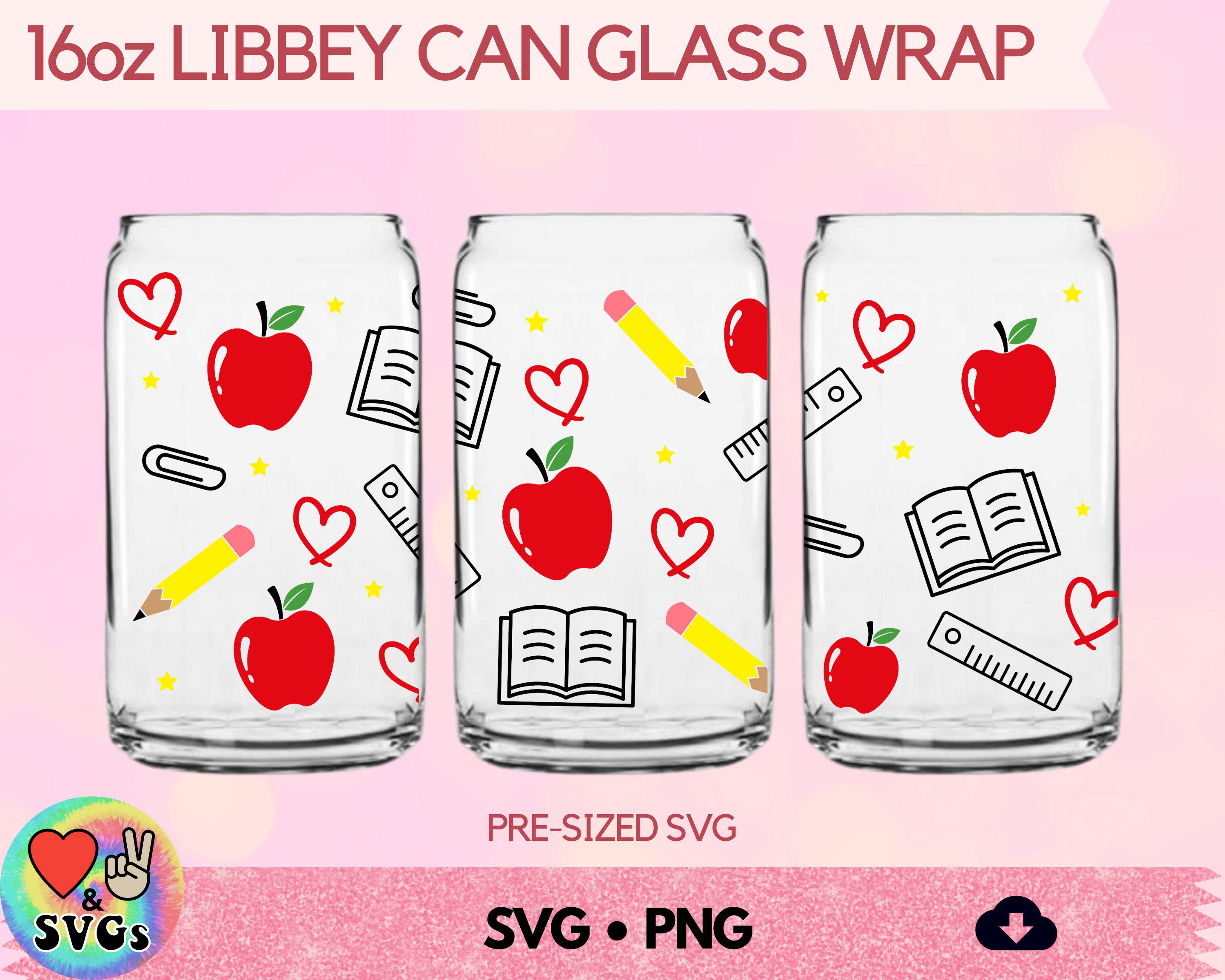 Teacher glass cup wrap SVG, Libby tumbler glass can PNG, Libbey Beer glass, Apples Pencil School SVG
