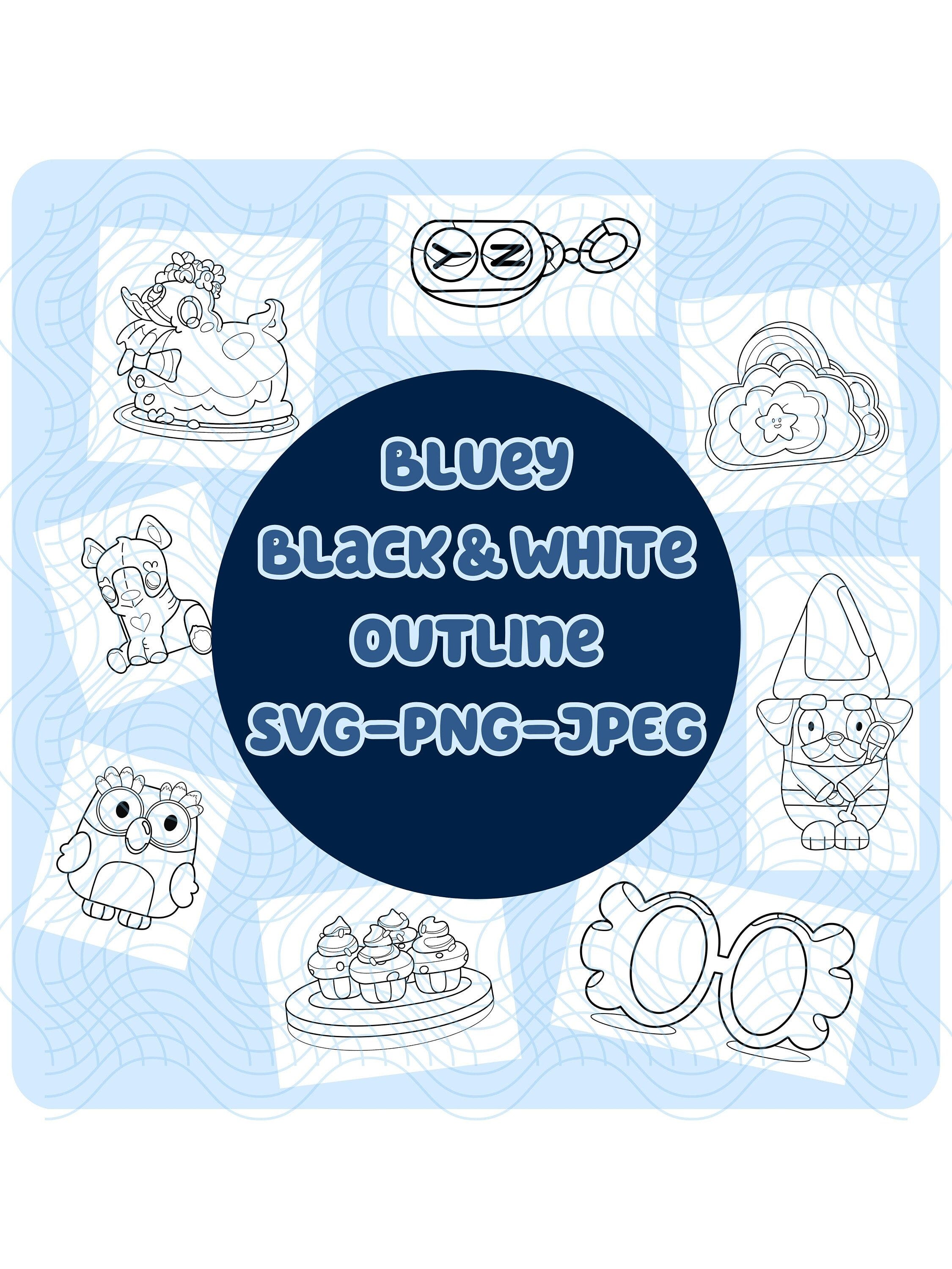 Bluey Black & White Outline SVG-PNG-JPEG - Bluey Icons and Toys- Bluey Svg Cricut Bundle- Birthday Party Favors- Goody Bag Materials- Gifts