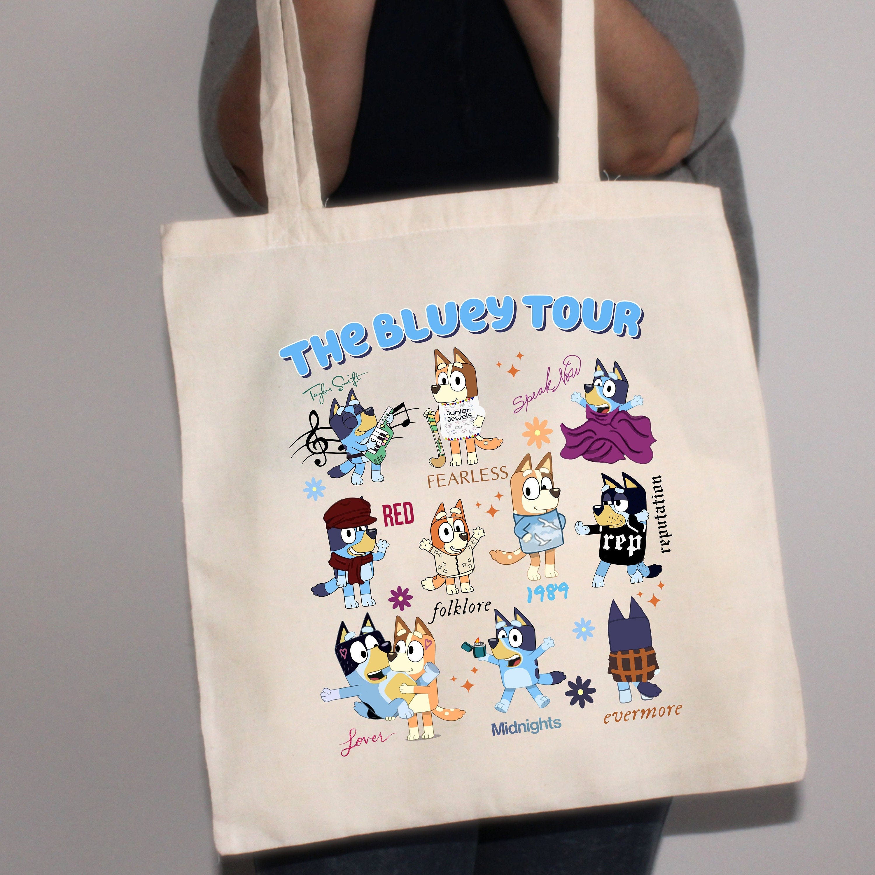 Bluey Eras Tour Tote Bag, Bluey Swiftie Tote, Bluey Cartoon Tote, Bluey Birthday Gift, Bluey Heeler Bag ,Eras Tour Swiftie Tote Bag