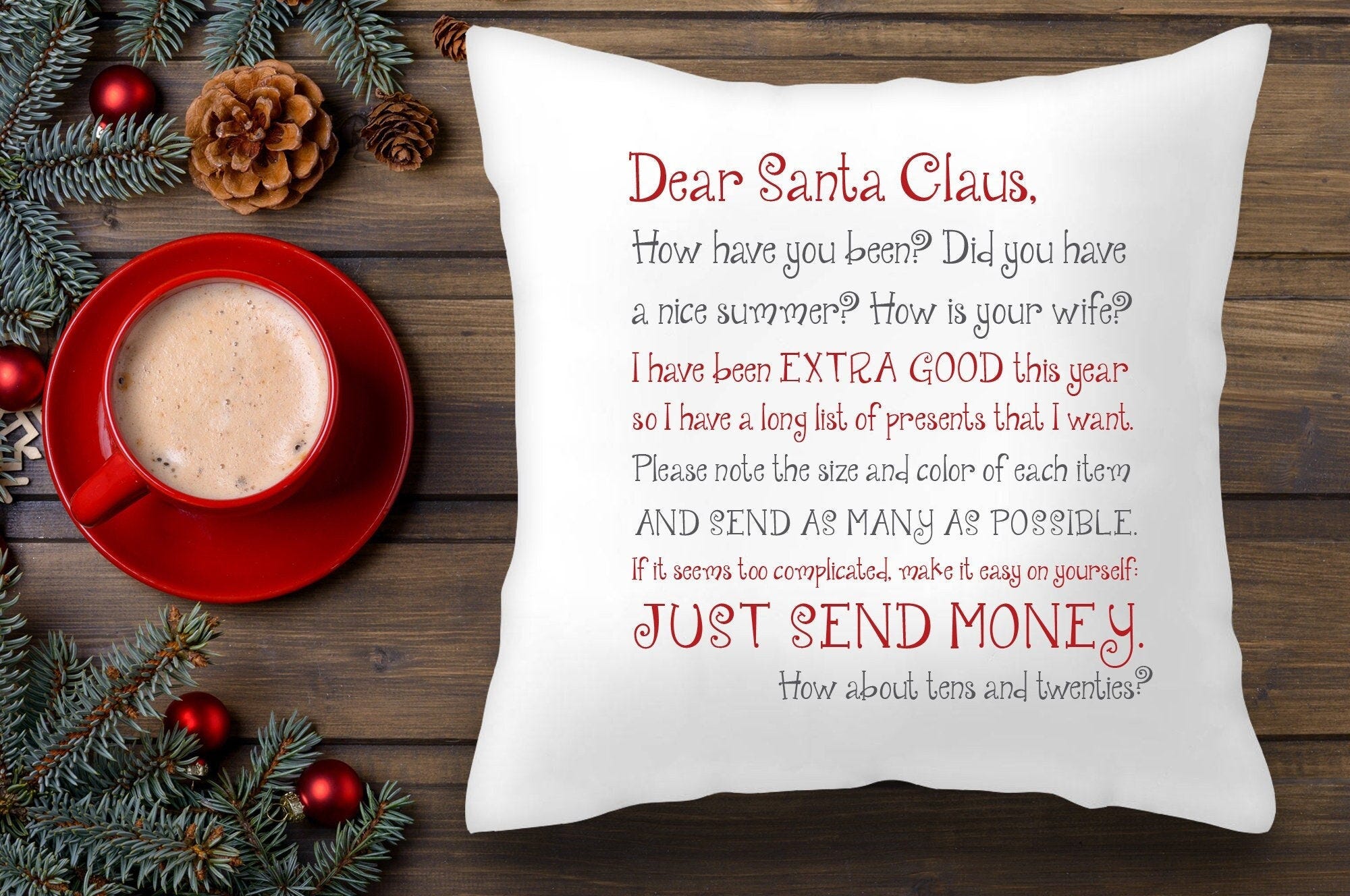 Charlie Brown Christmas Throw Pillow Cover - Peanuts - Dear Santa, Just Send Money. How About Tens and Twenties?