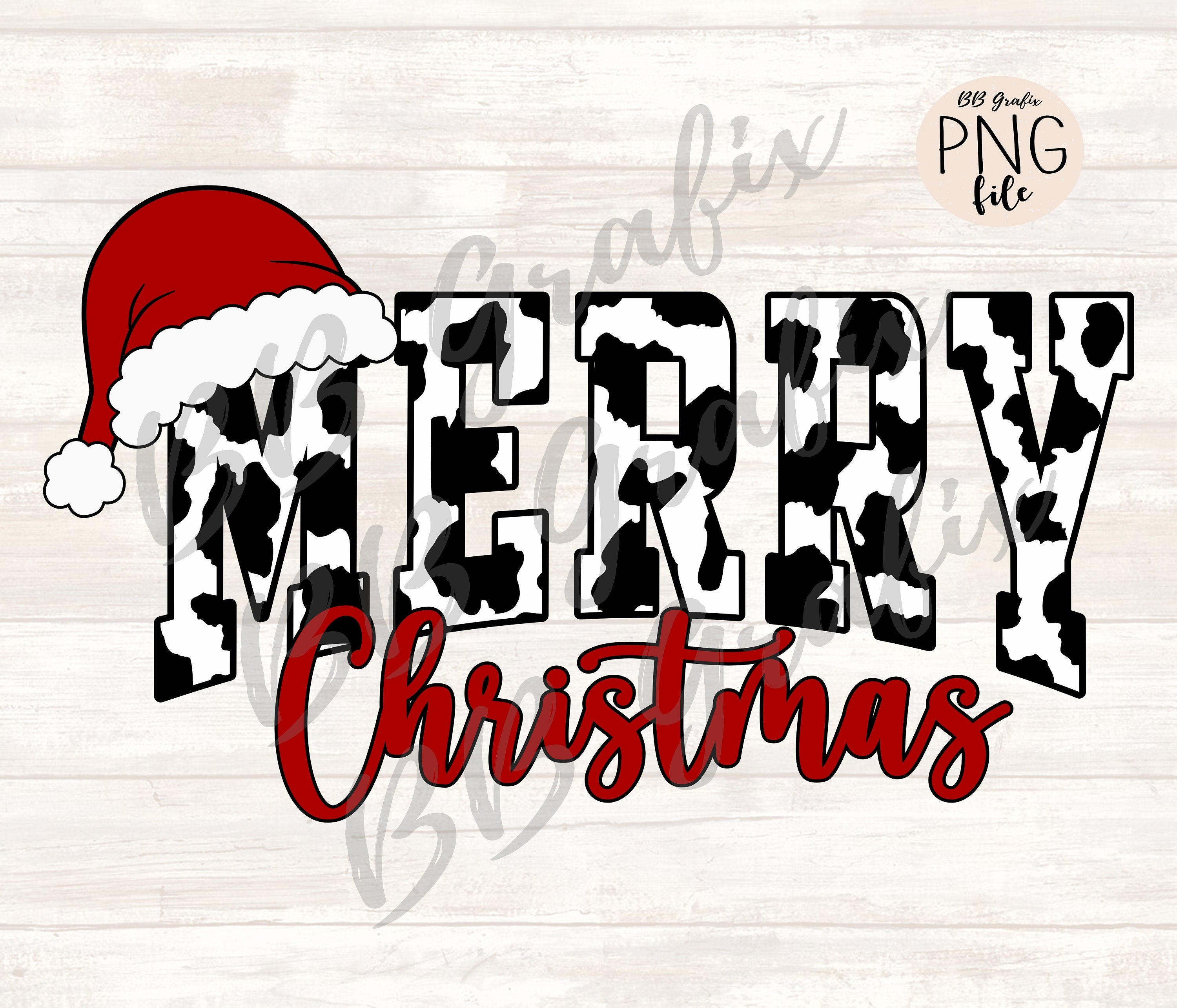 Digital Png File Merry Christmas Cow Print Santa Hat Printable Sticker Iron On Dtf Dtg Sublimation  Design INSTANT DOWNLOAD