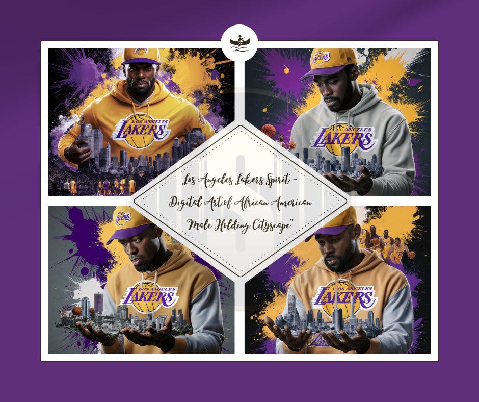 Los Angeles Lakers Spirit - Digital Art of African American Male Holding Cityscape, 4 PNG downloads,sublimation, canvas