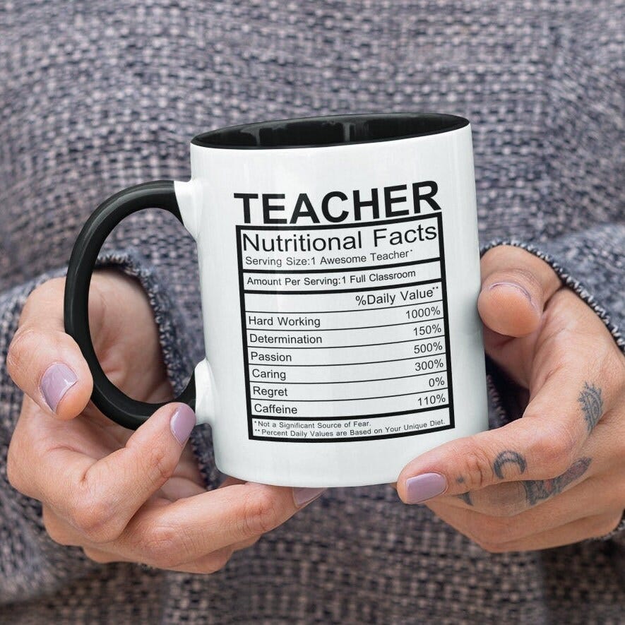 Teacher Nutritional Facts, Best Teacher Cute Coffee Mug (11 or 15oz) - Beautiful Premium Quality Gift Idea (Available with Color)