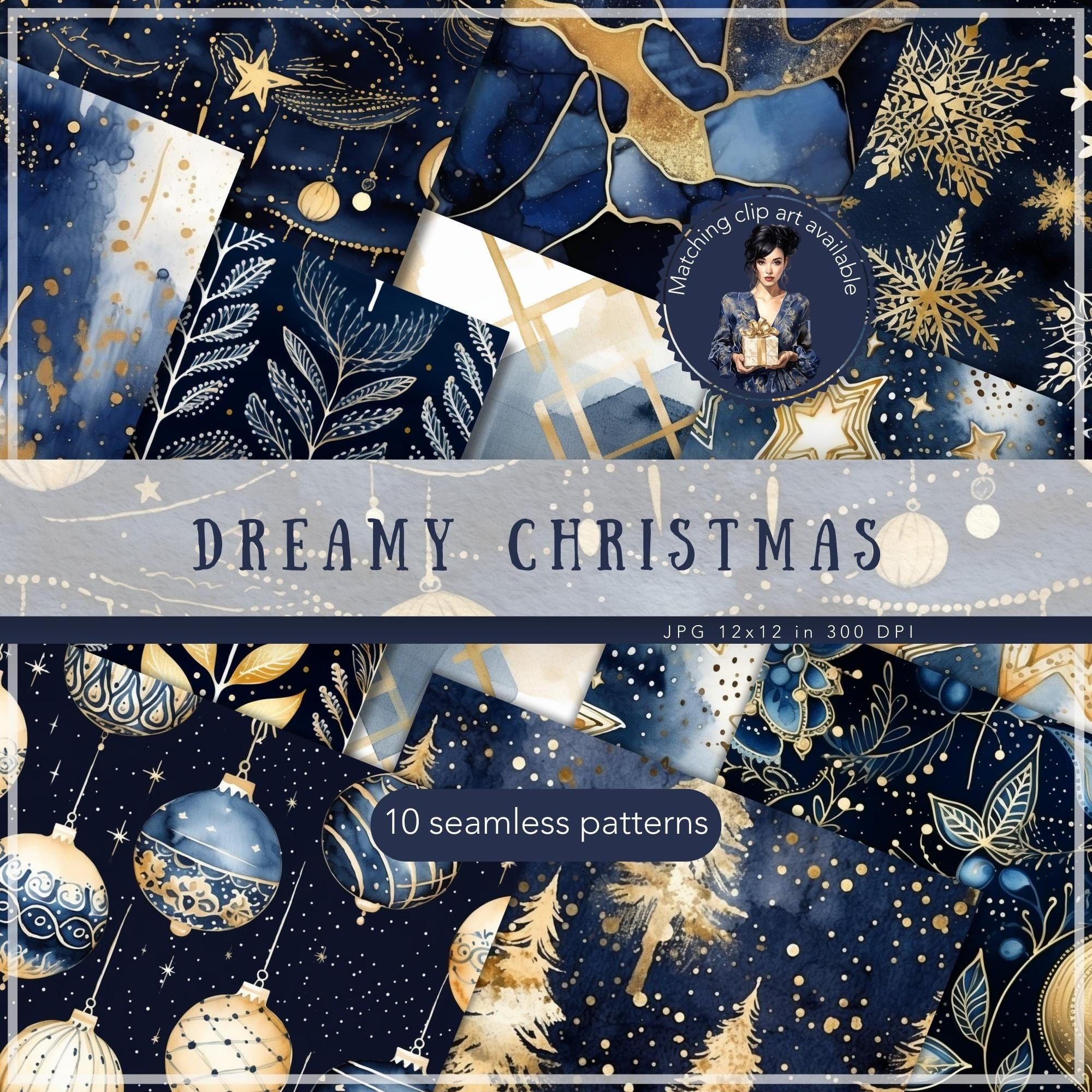 Seamless Watercolor Dreamy Christmas Patterns, Blue and Gold Xmas Holiday Pattern JPEG, Digital Download, Repeating pattern, Scrapbook Paper
