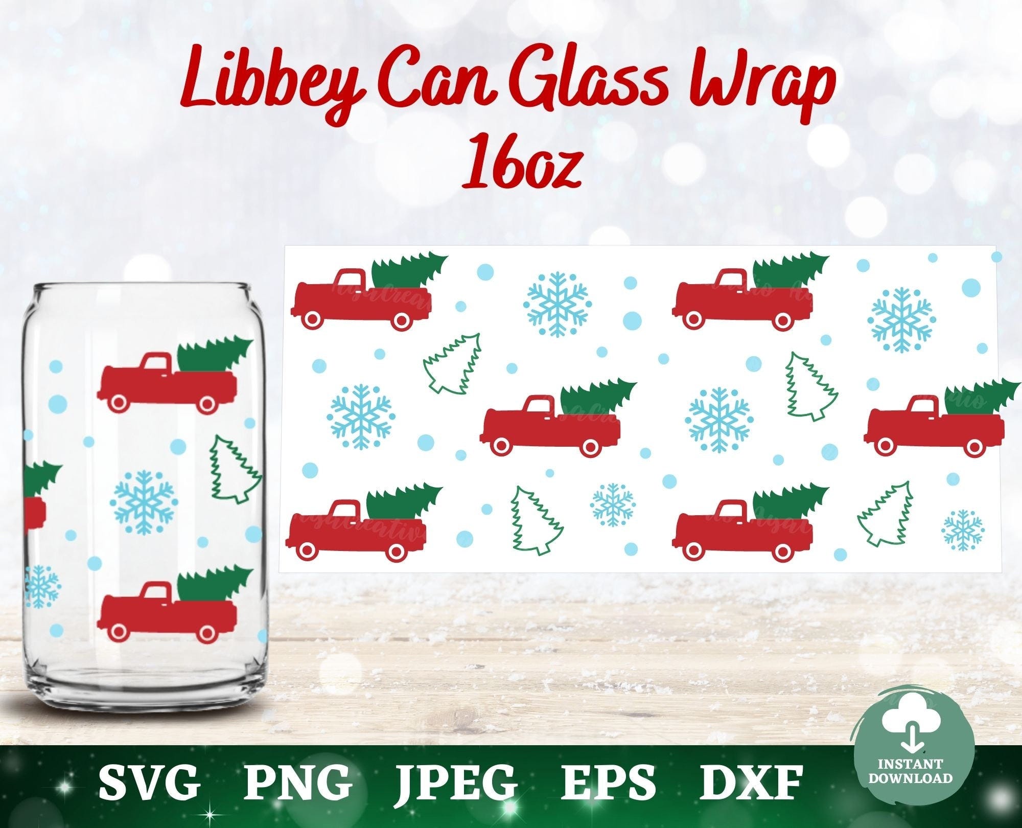 Christmas Tree Truck Libbey Can Glass Wrap Svg, Christmas Coffee Glass Wrap, Christmas Truck Libbey Can Glass Svg, 16oz Christmas Libbey Svg