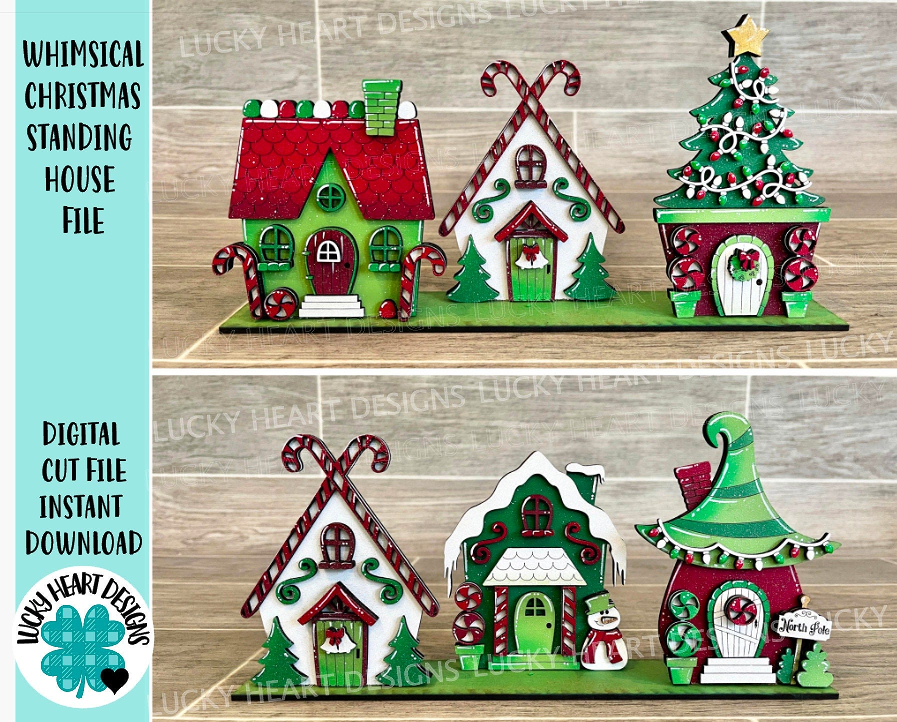 Whimsical Christmas Standing Houses File SVG, Glowforge, Santa