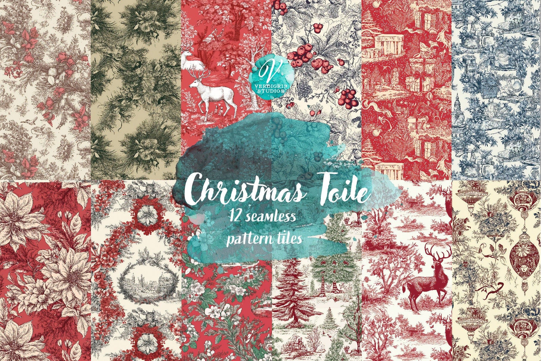Seamless Patterned Paper - Christmas Toile , Vintage Holiday designs 12x12 printable paper set digital download, commercial use