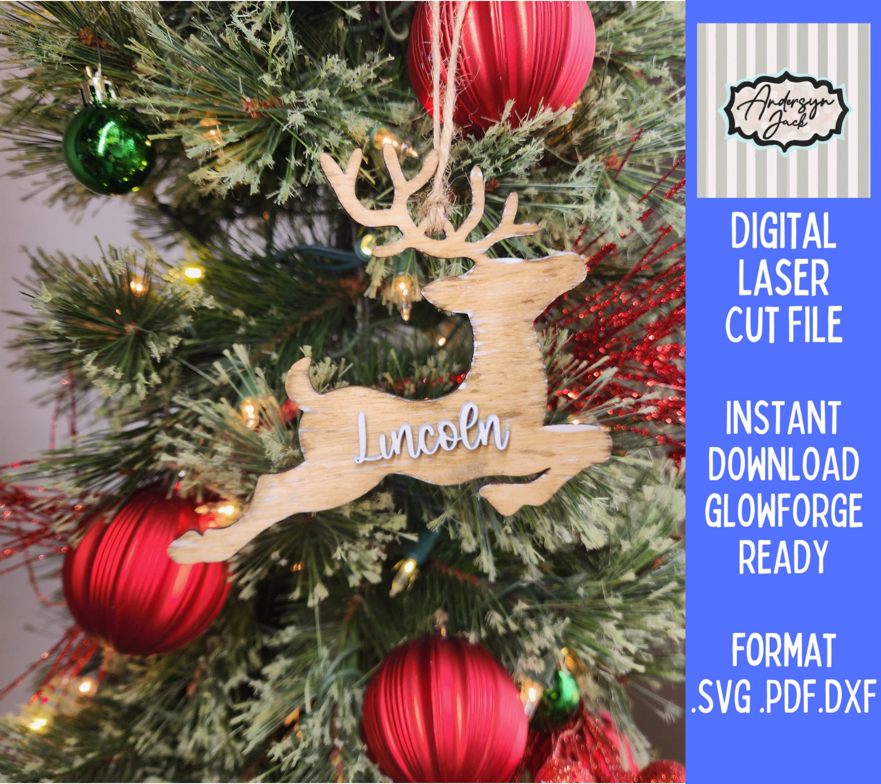 Personalized Reindeer Ornament Laser Cut File, svg, pdf, dxf, Christmas svg, Personalized Cut Files for Laser Cutting