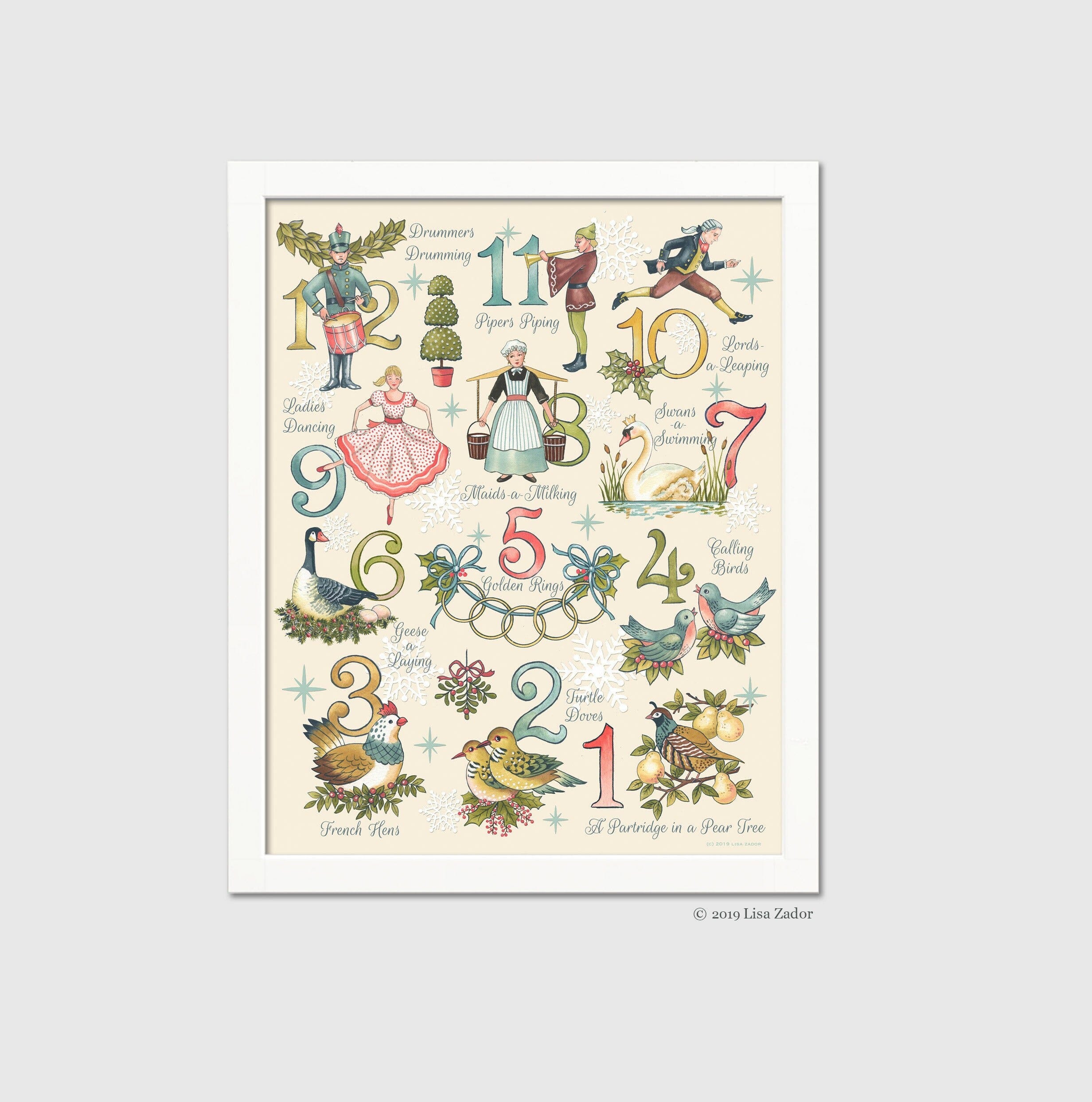 Twelve Days of Christmas Print from Original Artwork , Nostalgic Old Fashioned Christmas Artwork, Partridge in a Pear Tree & Turtle Doves,