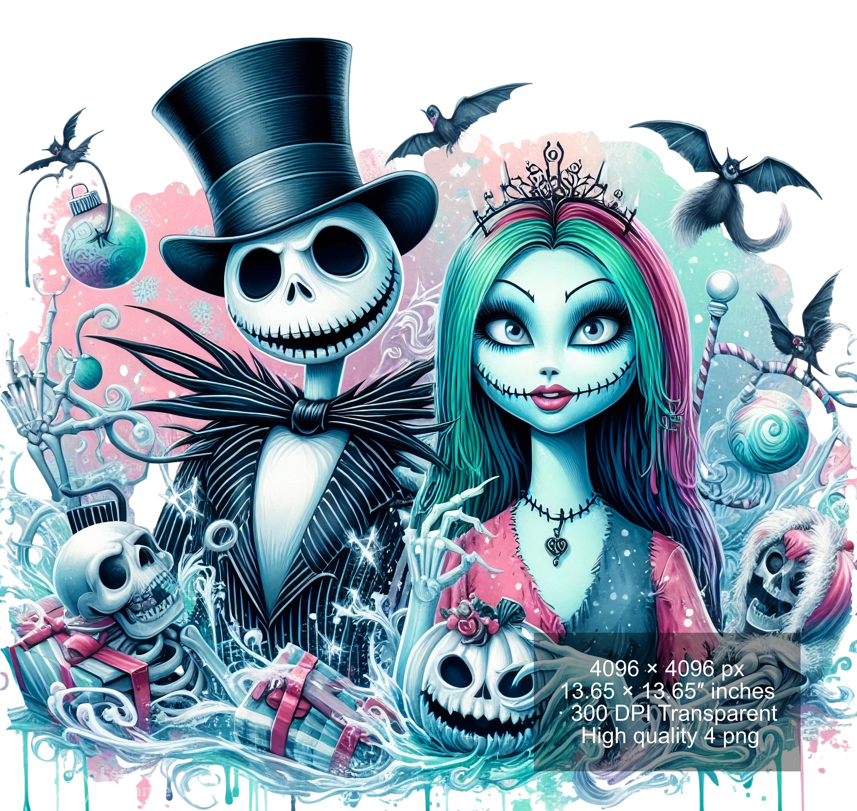 4 PNG Watercolor and splash Jack and Sally png for Christmas,Nightmare Before Christmas Jack and Sally PNG