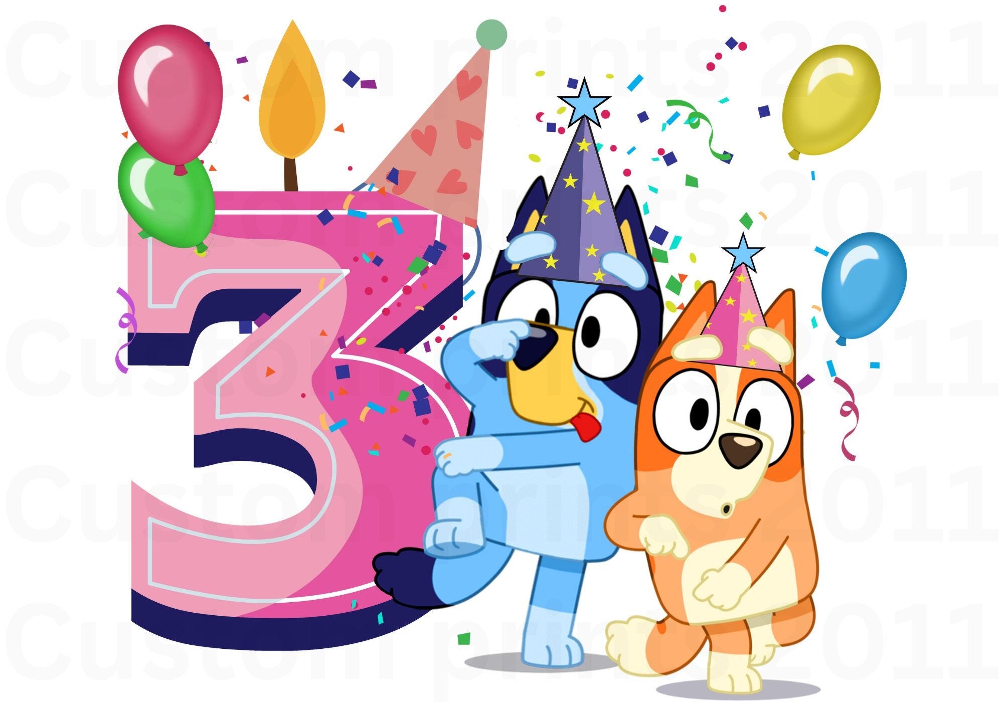 Blue Dog Birthday PNG Digital Download File Girl Age 3 Sublimation Party Celebration Re-Size 300dpi Quality