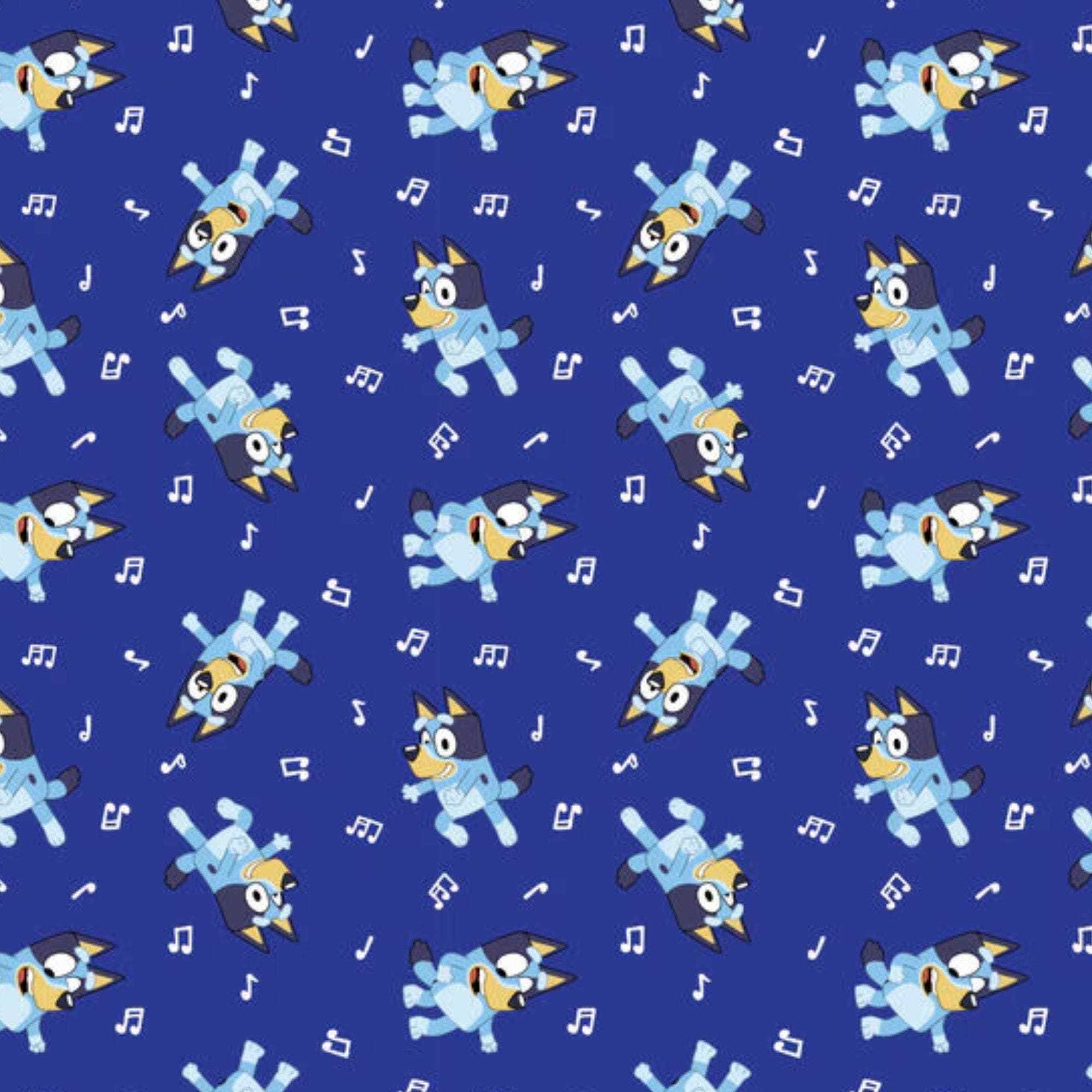 Bluey Fabric, Disney Junior Bluey Dance Mode Music on Dark Blue Licensed by Springs Creative Novelty Cotton Fabric, Disney Bluey Fabric