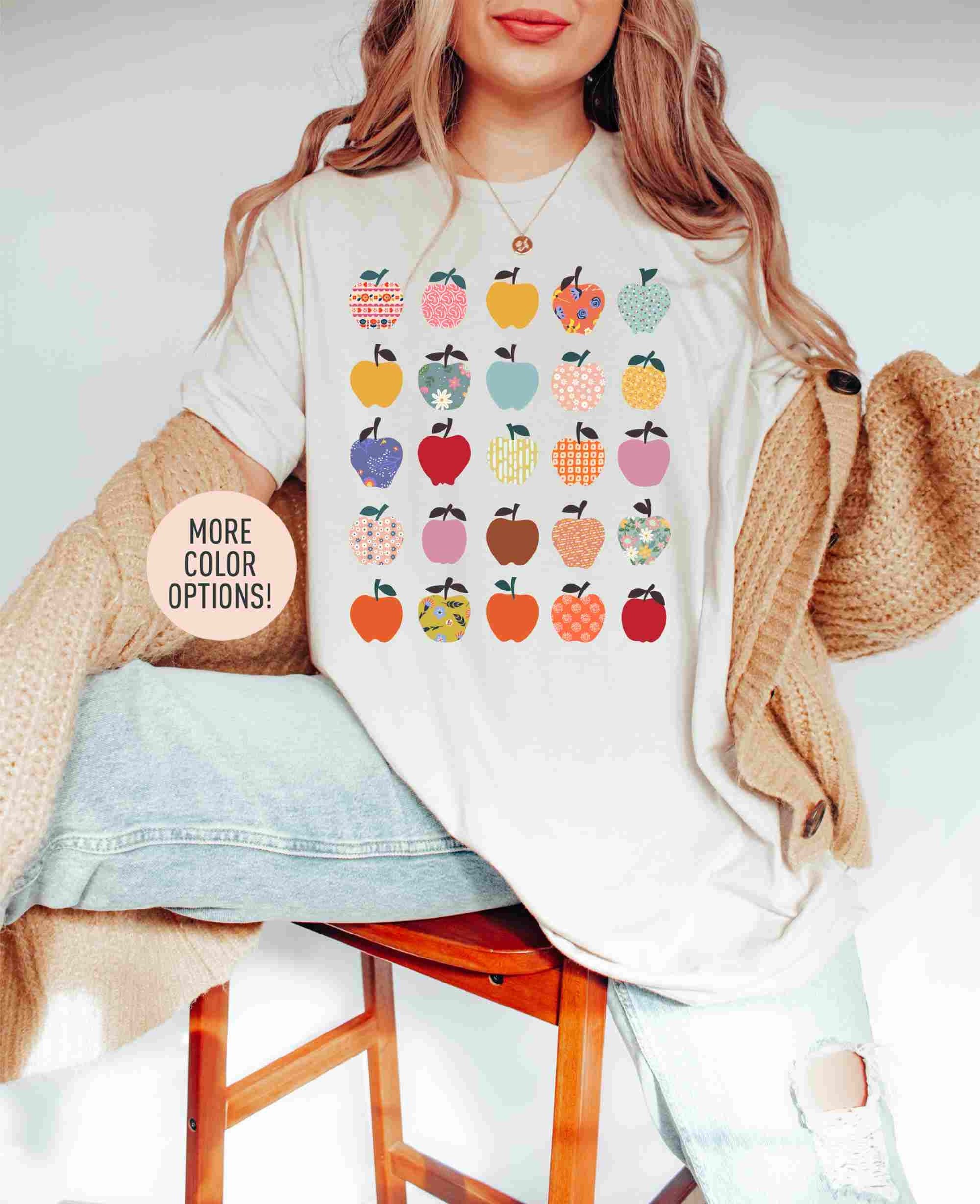 Folk Art Apples Shirt, Oversized Shirt, Teacher Appreciation Shirt,  Apple Graphic Shirt, Teacher Shirt, Cute Shirt for Teacher
