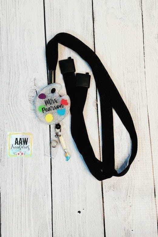 Art teacher lanyard badge reel; Custom Teacher glitter ID holder; art palette badge; school glitter retractable badge; artist palette