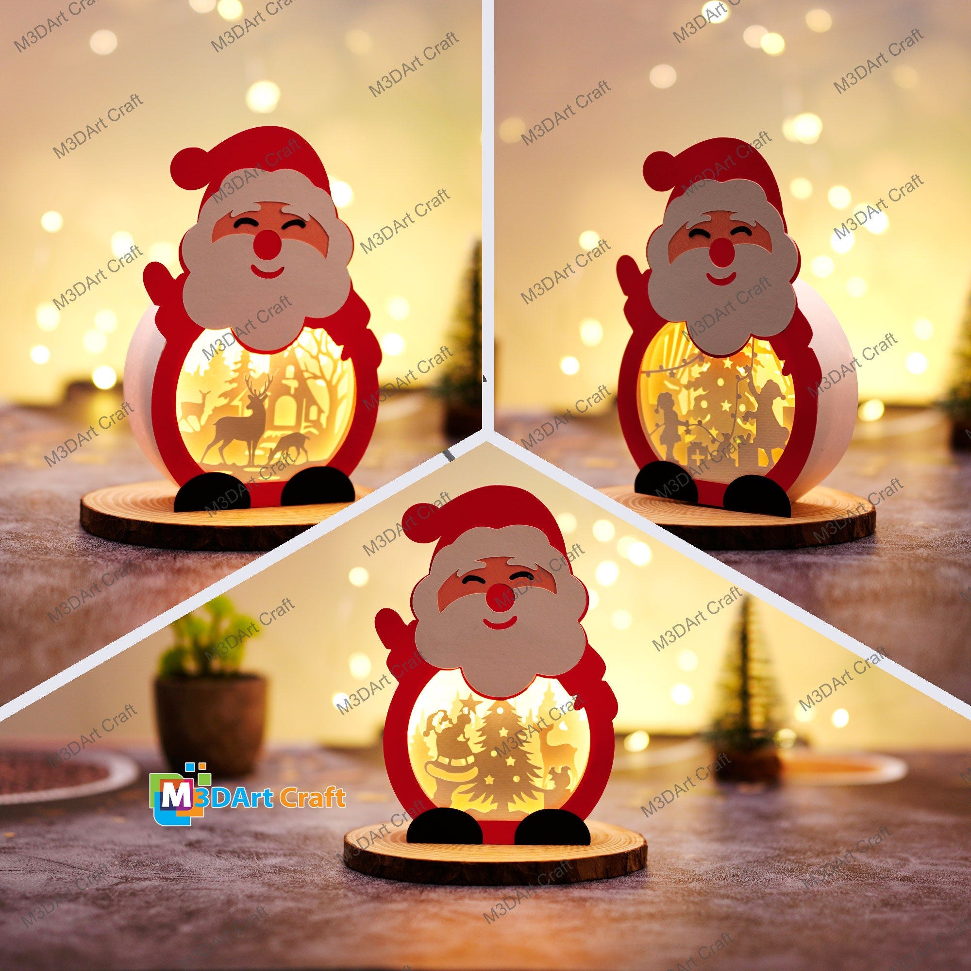 Pack 3 Small Santa Christmas Shadow Box SVG for Cricut Joy, ScanNcut, Cameo4 - Santa Claus Light Box,DIY Christmas Santa Lantern Paper Cut
