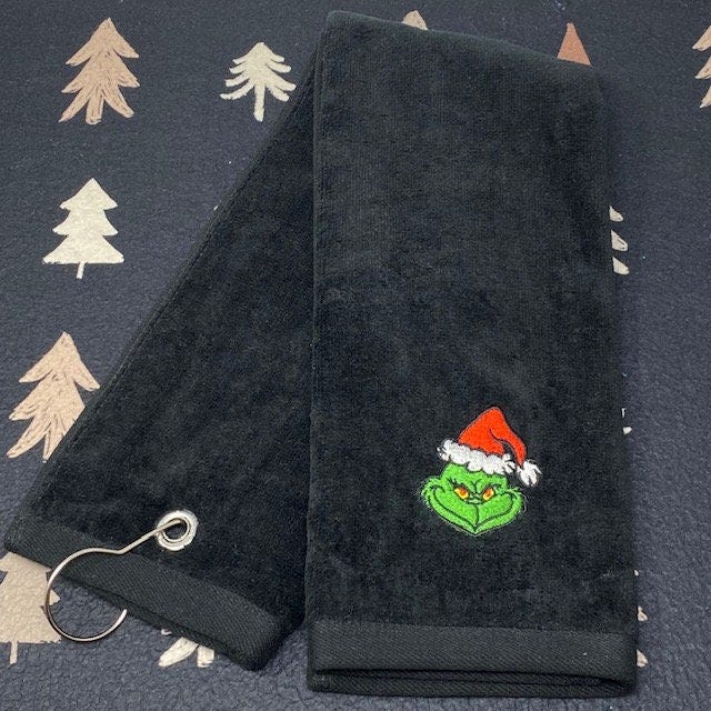 Grinch Santa Face Embroidered Tri-fold Golf Towel