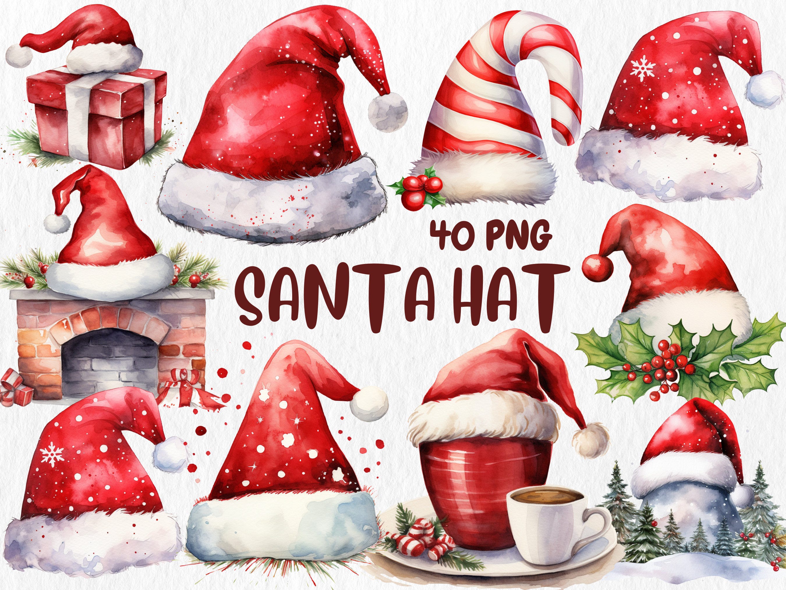 Watercolor Santa Hat Clipart | Xmas, Winter, Christmas Decoration, Santa Claus Hat Illustrations | Instant Download for Commercial Use