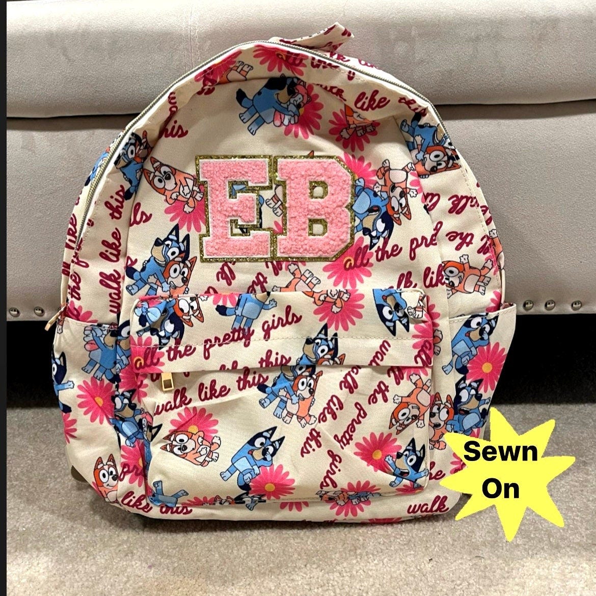 Kids Toddler Bluey Backpack, Personalized Bluey Backpack, Custom Chenille Letter Patch Blue Dog Cartoon Pink Flower Backpack
