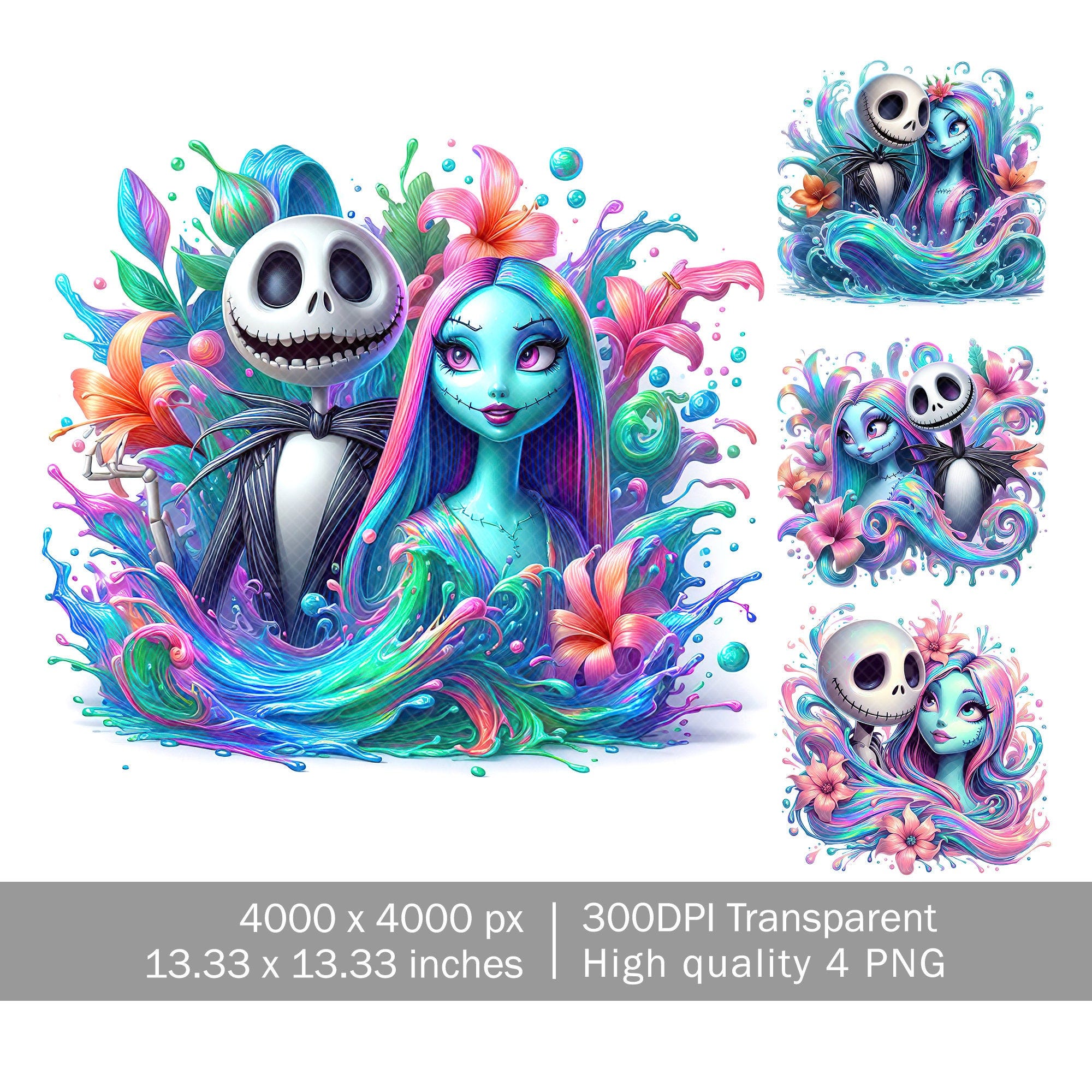 4 PNG Jack And Sally Splash and Watercolor Digital design PNG file for sublimation, Couple Png, High Resolution,Instant Digital PNG Download