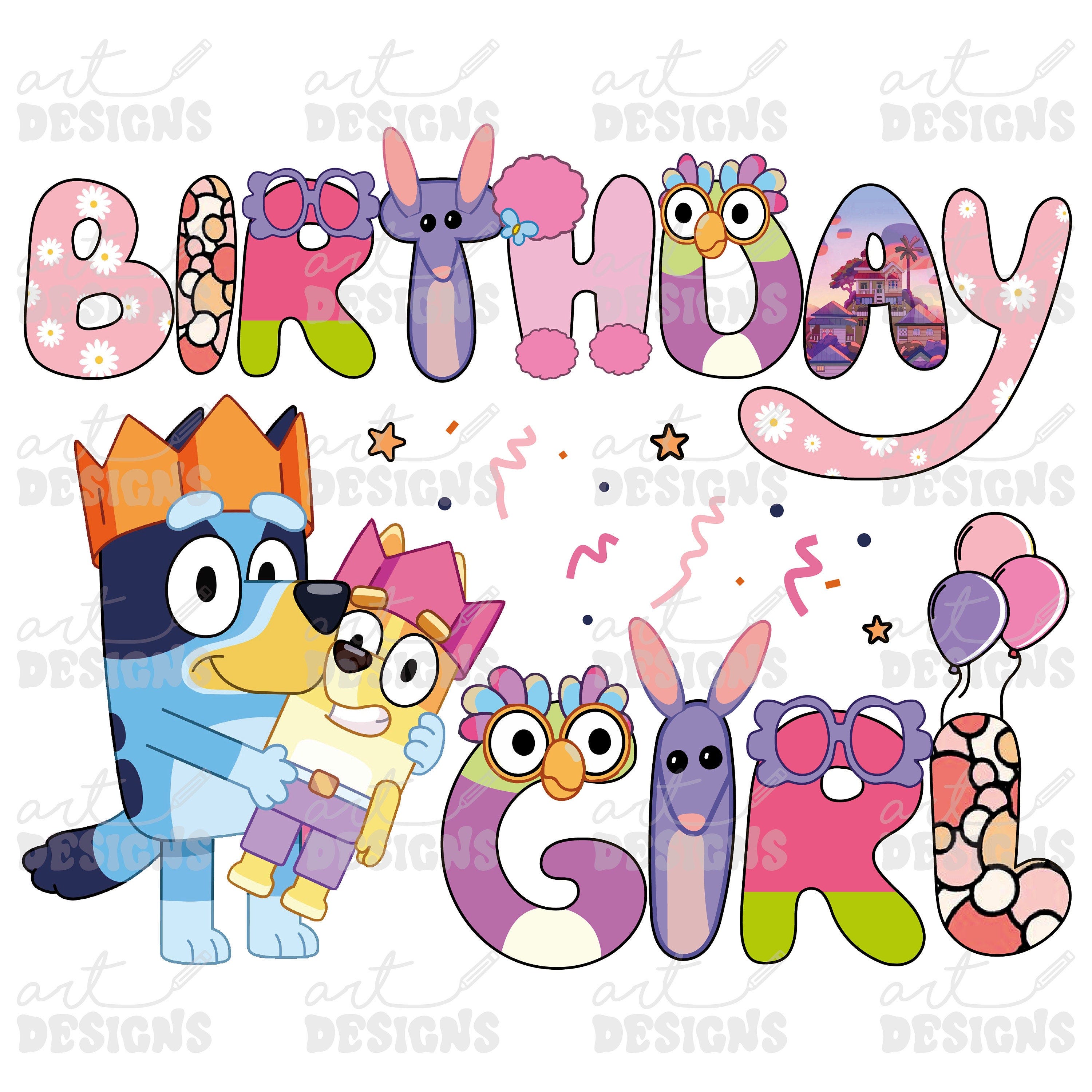 Birthday Girl Pink Dog Clipart Elements, Letters Set, Blue Dog Sublimation Party,  PNG, Family Matching Shirt