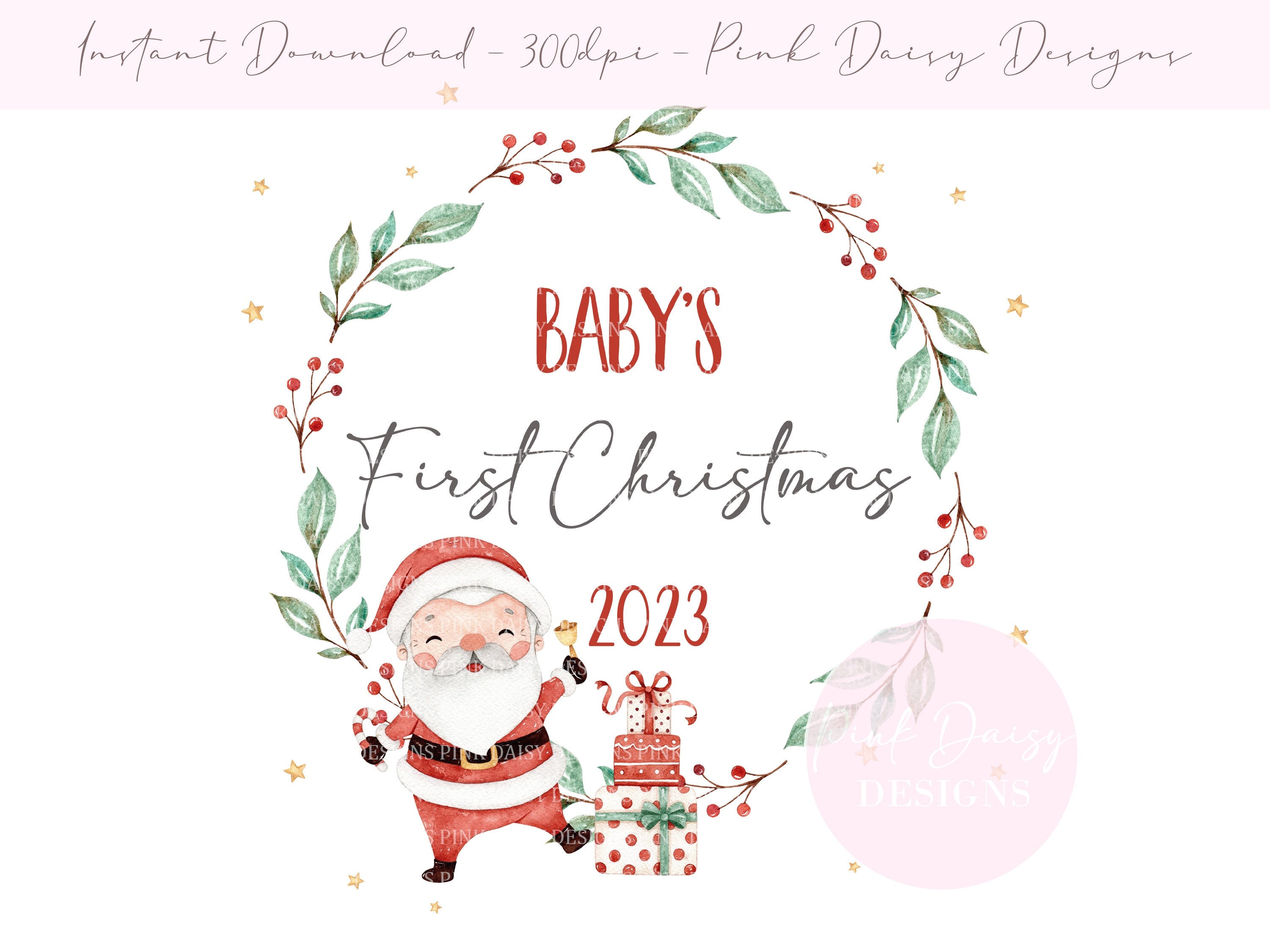 Babys 1st Christmas Santa Claus PNG, Xmas Wreath Clipart, Christmas Card Design, Instant Digital Download, Sublimation Designs, First Xmas