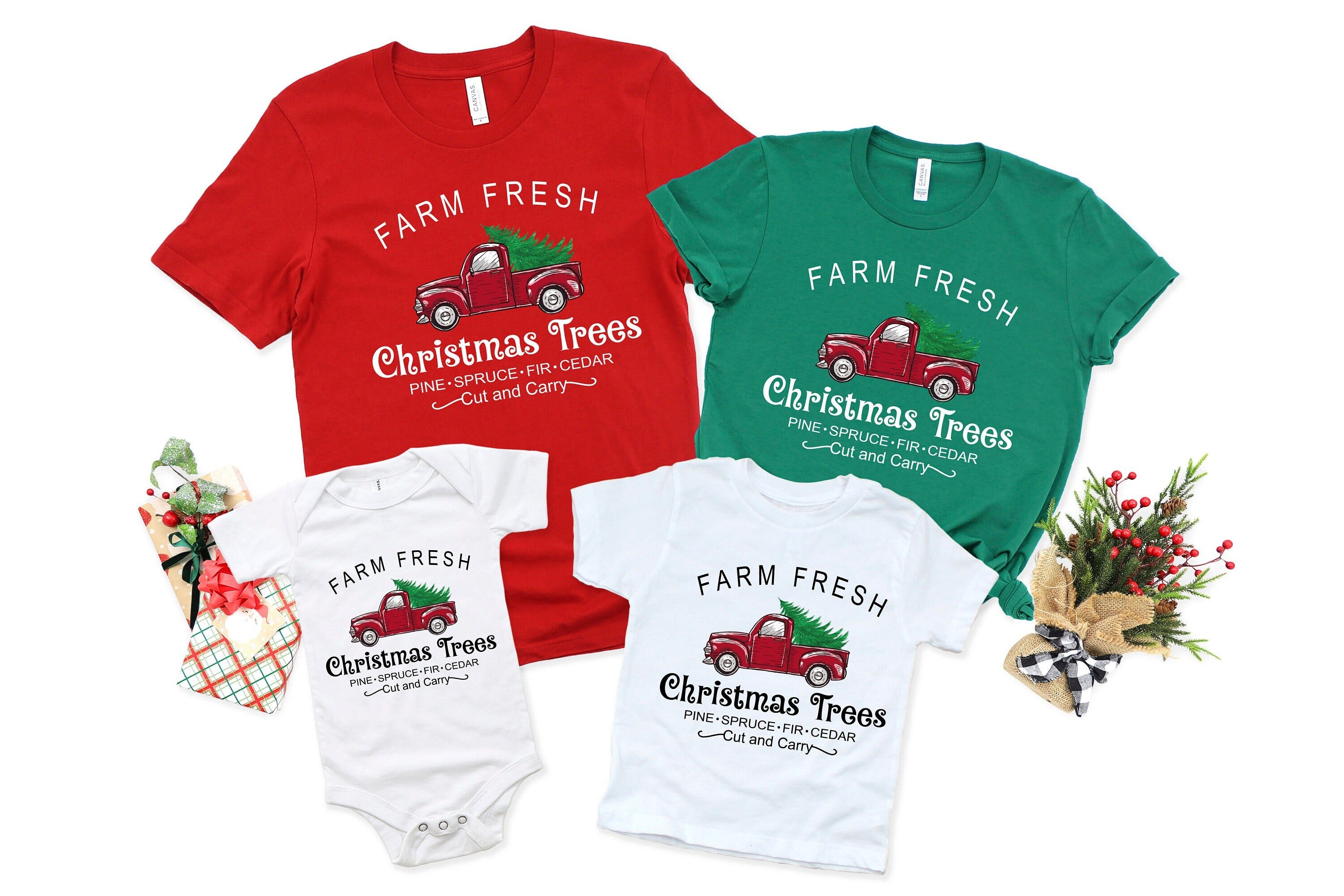 Farm Fresh Christmas Trees Truck Shirt, Christmas T-shirt, Christmas Family, Red Truck Shirt, Christmas Gift, Christmas Truck Family Shirts