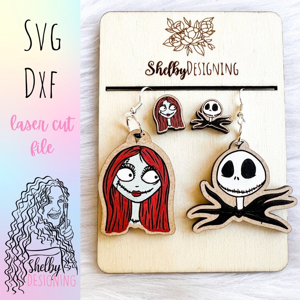 Jack & Sally Dangle/Stud Earring SVG File, Glowforge Earrings Svgs, Halloween Earrings Svg File, Nightmare Before Christmas Earring Svg
