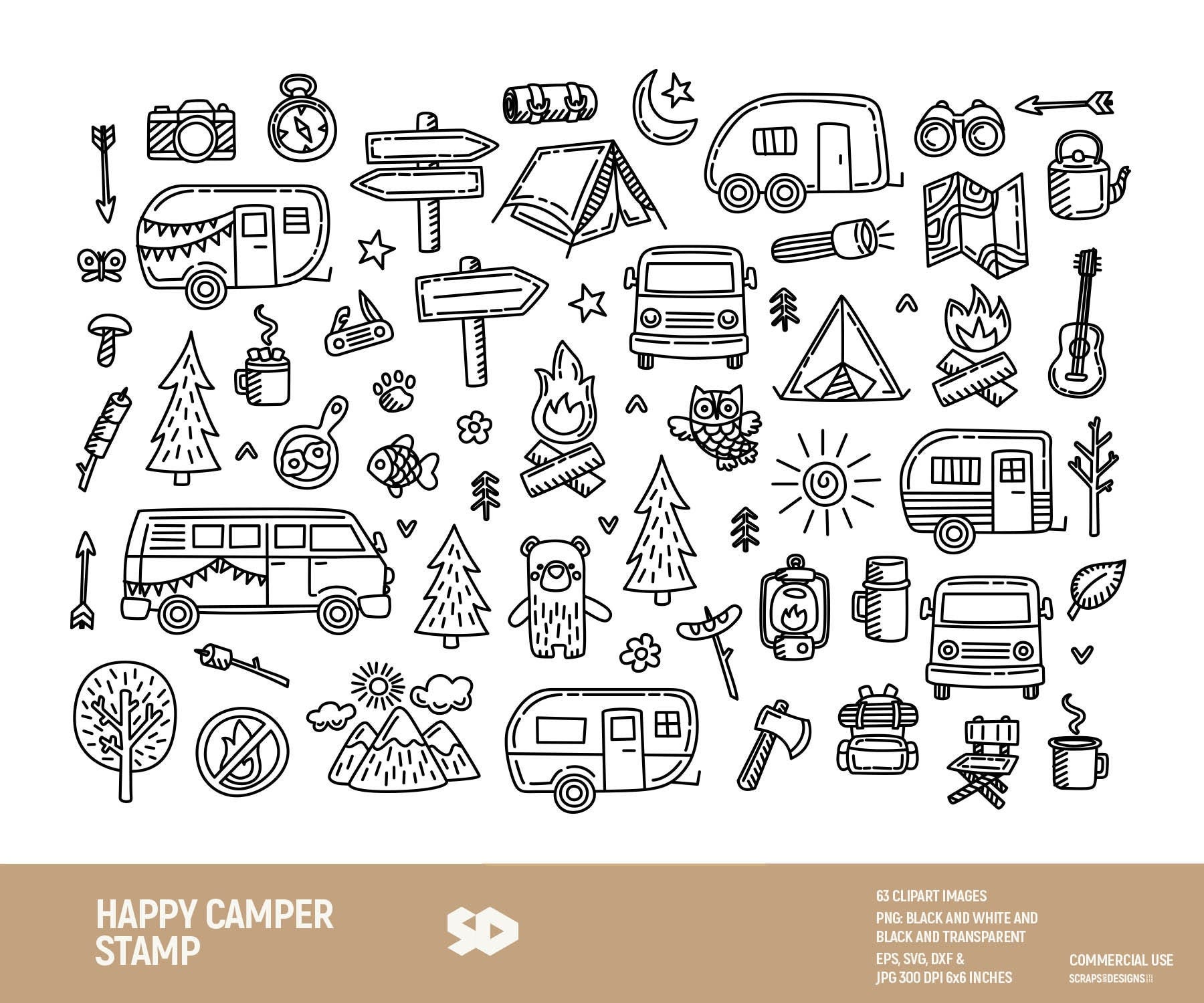 Happy camper clipart bundle, camping clip art, travel digital stamp, campfire draw, vector printable. Png Jpeg SVG DXF EPS. Commercial use.