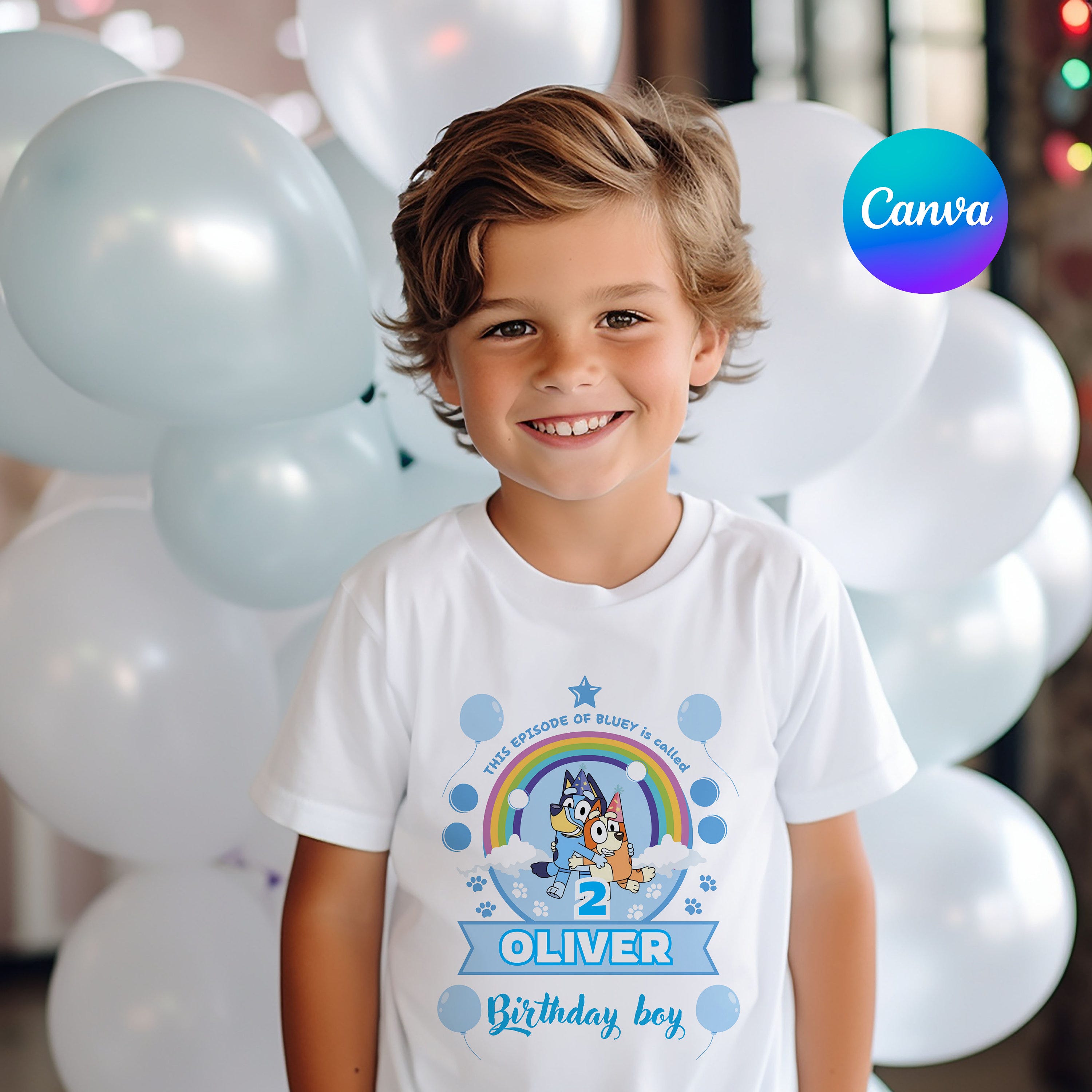 Digital Personalised Design Bluey Kids Birthday T-Shirt, Bluey Birthday Shirt, Custom Name Age Birthday Boy, Digital Download, Canva DD04