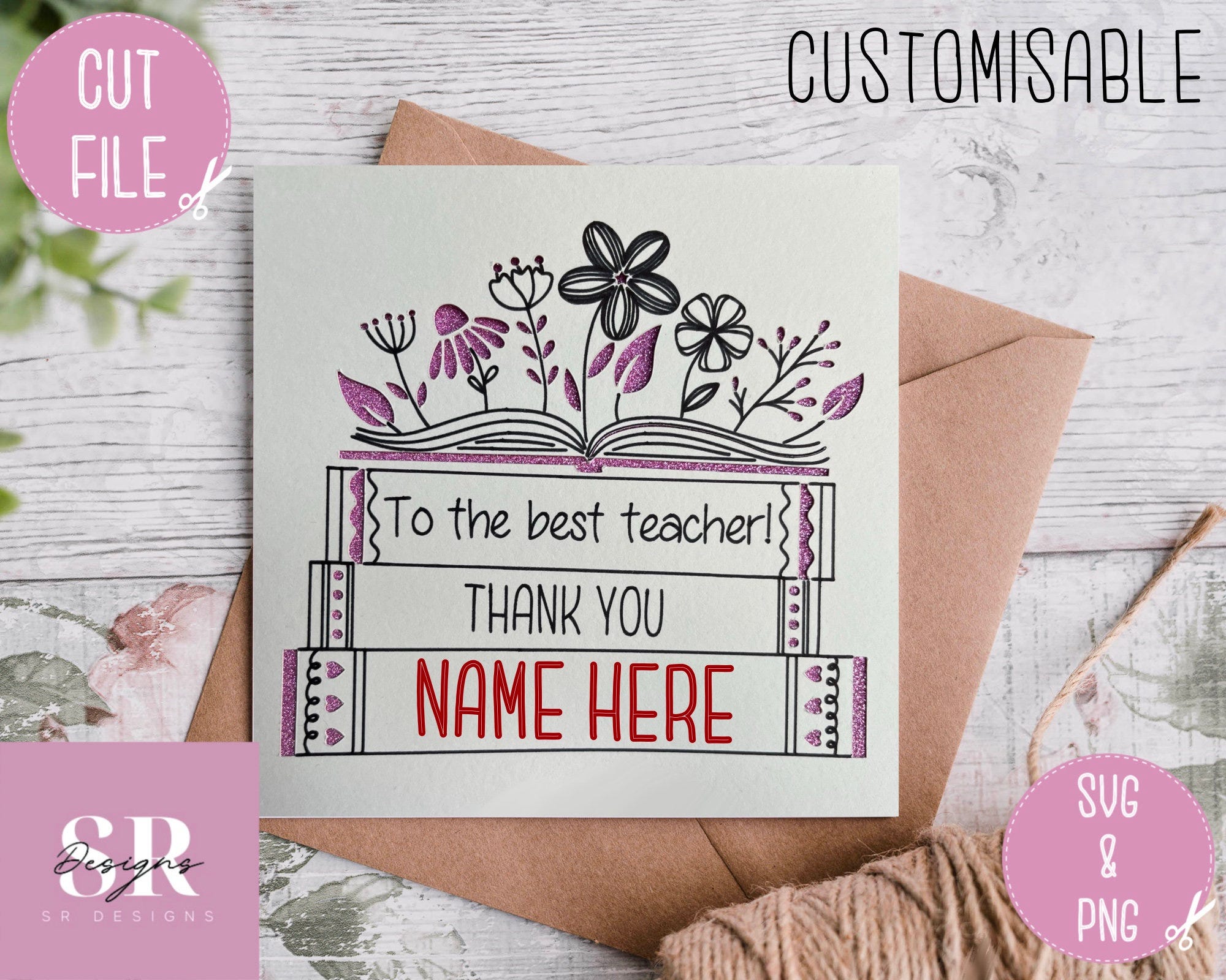 SVG: Thank you teacher card. Digital download. Paper cutting. Customisable teacher card. Teacher appreciation. Cut and draw card SVG.