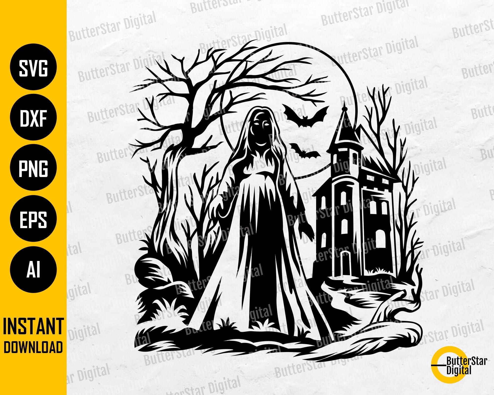 Lady Ghost SVG | Haunted House SVG | Scary Woman SVG | Horror T-Shirt Decals Sticker Stencil | Cricut Clip Art Vector Digital Dxf Png Eps Ai