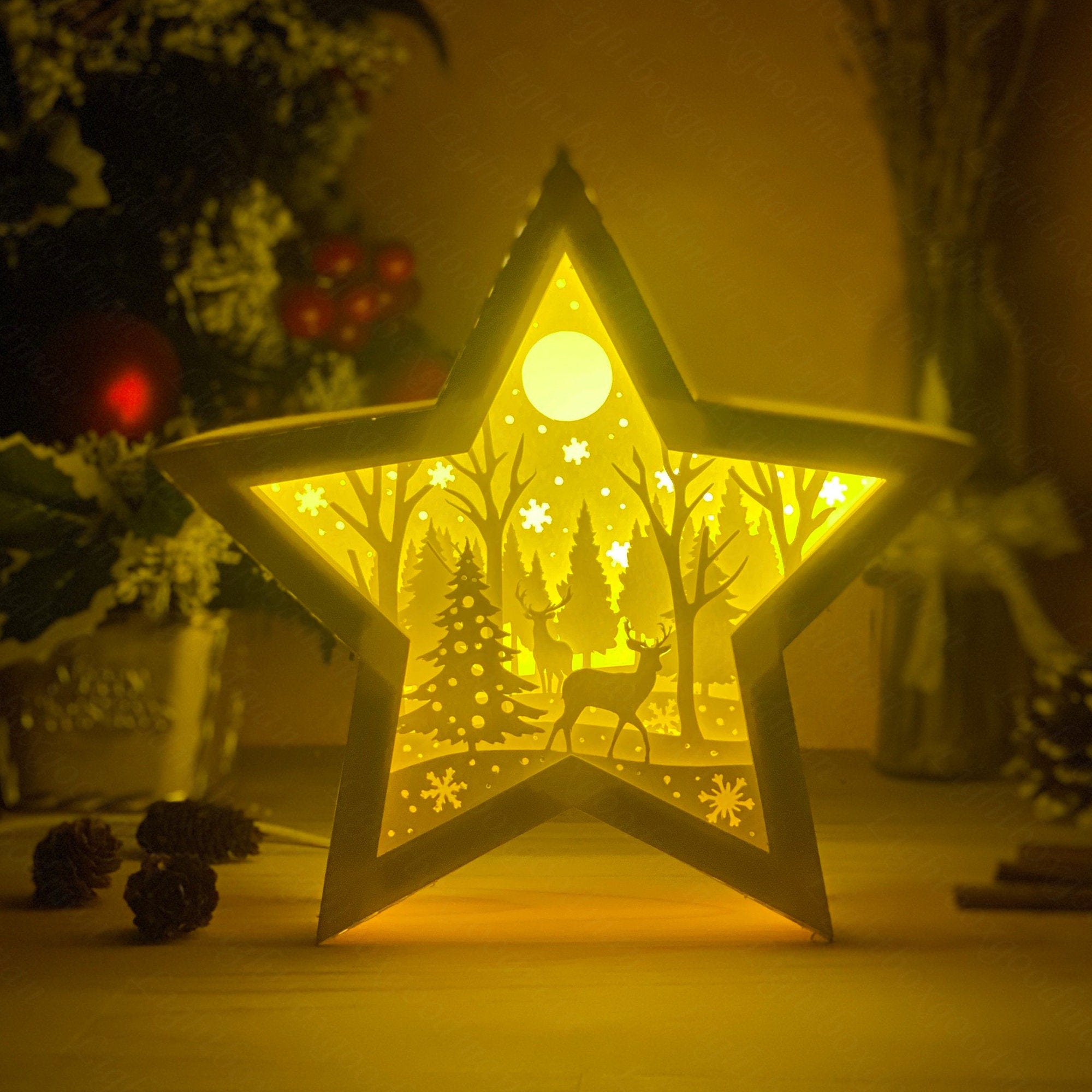 Merry Christmas Star Lanterns Shadow Box SVG for Cricut Projects DIY, Christmas Deer Star Lamp Decoration, 3D Star SVG, Silhouette Studio