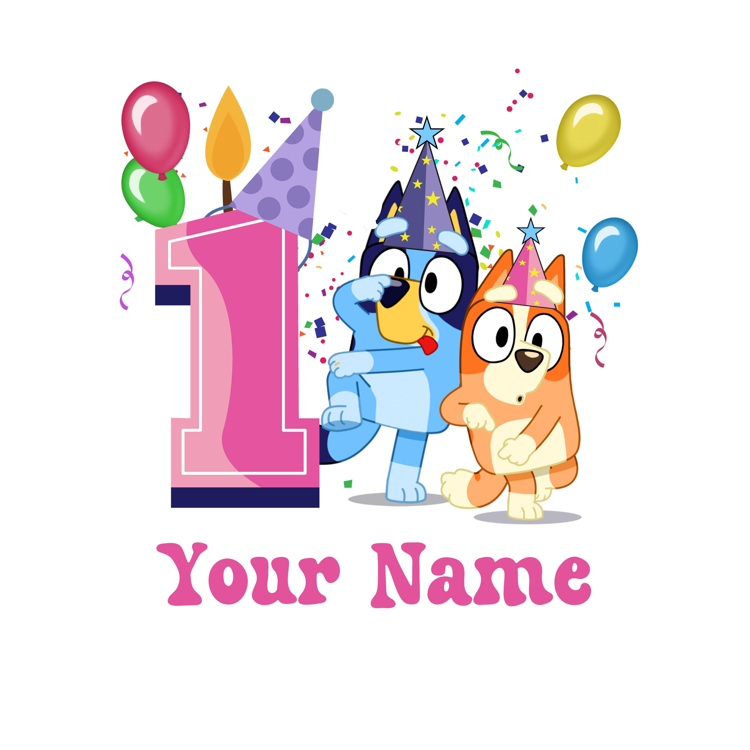 Blue Dog Birthday PNG Digital Download File Girl Age 1 Custom Name Colour Customise Sublimation Party Celebration Re-Size 300dpi Quality