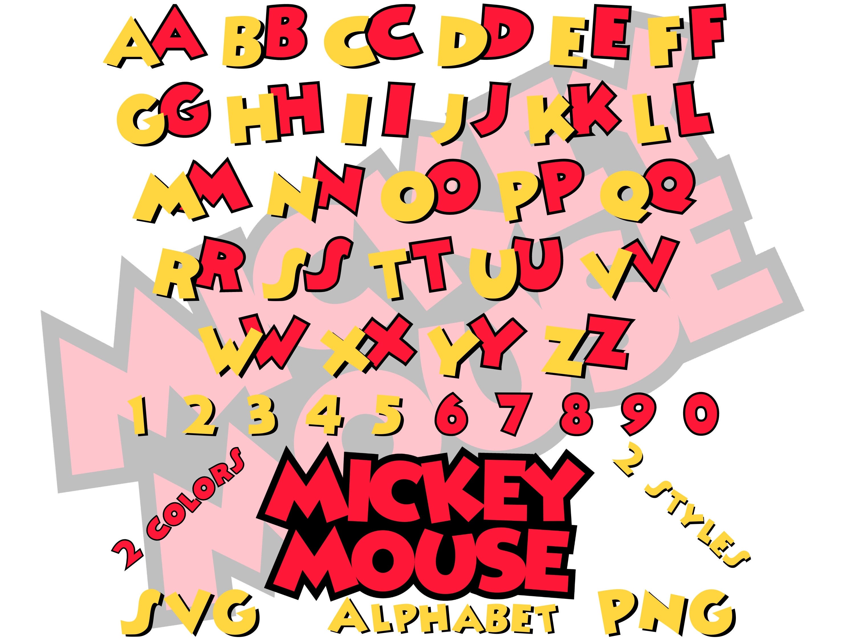 Mickey Mouse Alphabet Font SVG, Mickey Mouse PNG Cartoon Cliparts for Sublimation, Mickey Mouse Movie Themed Font Letters and Numbers SVG