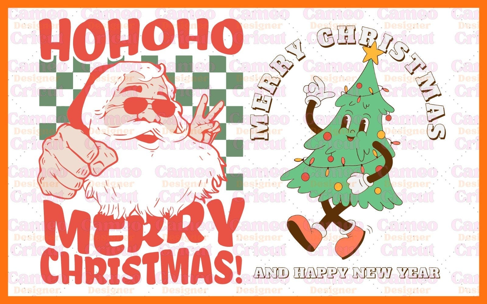 Retro Cartoon 70s Christmas Tree and Santa Hohoho Merry Christmas Character SVG PNG Design Vector ready to print and cut Digital Design