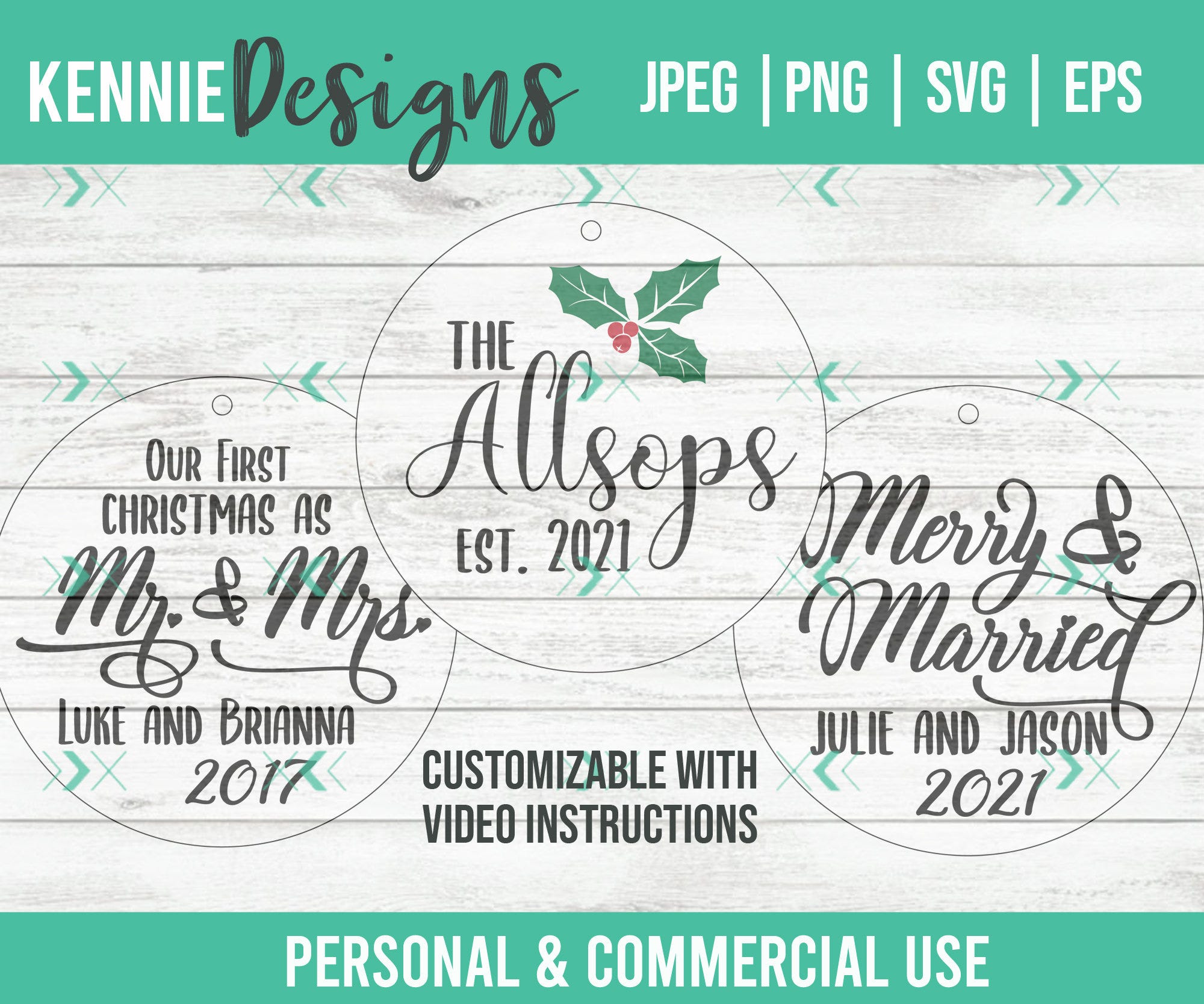 Customizable Newlywed first Christmas together Ornament SVG cut file to make keepsake for wedding year First as Mr and Mrs Merry and Married